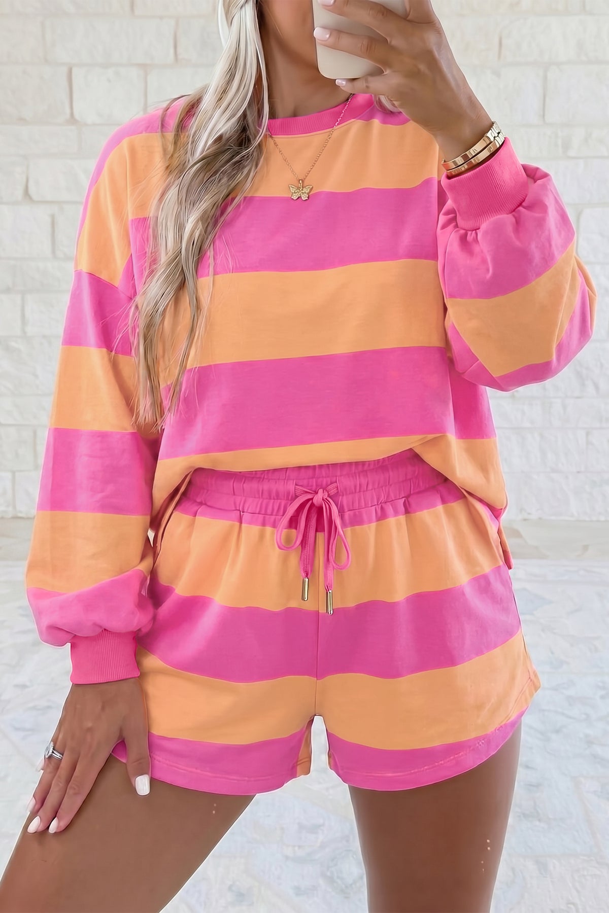 Women's Pink Stripe Long-Sleeve Casual Top Drawstring Shorts Two-Piece Set