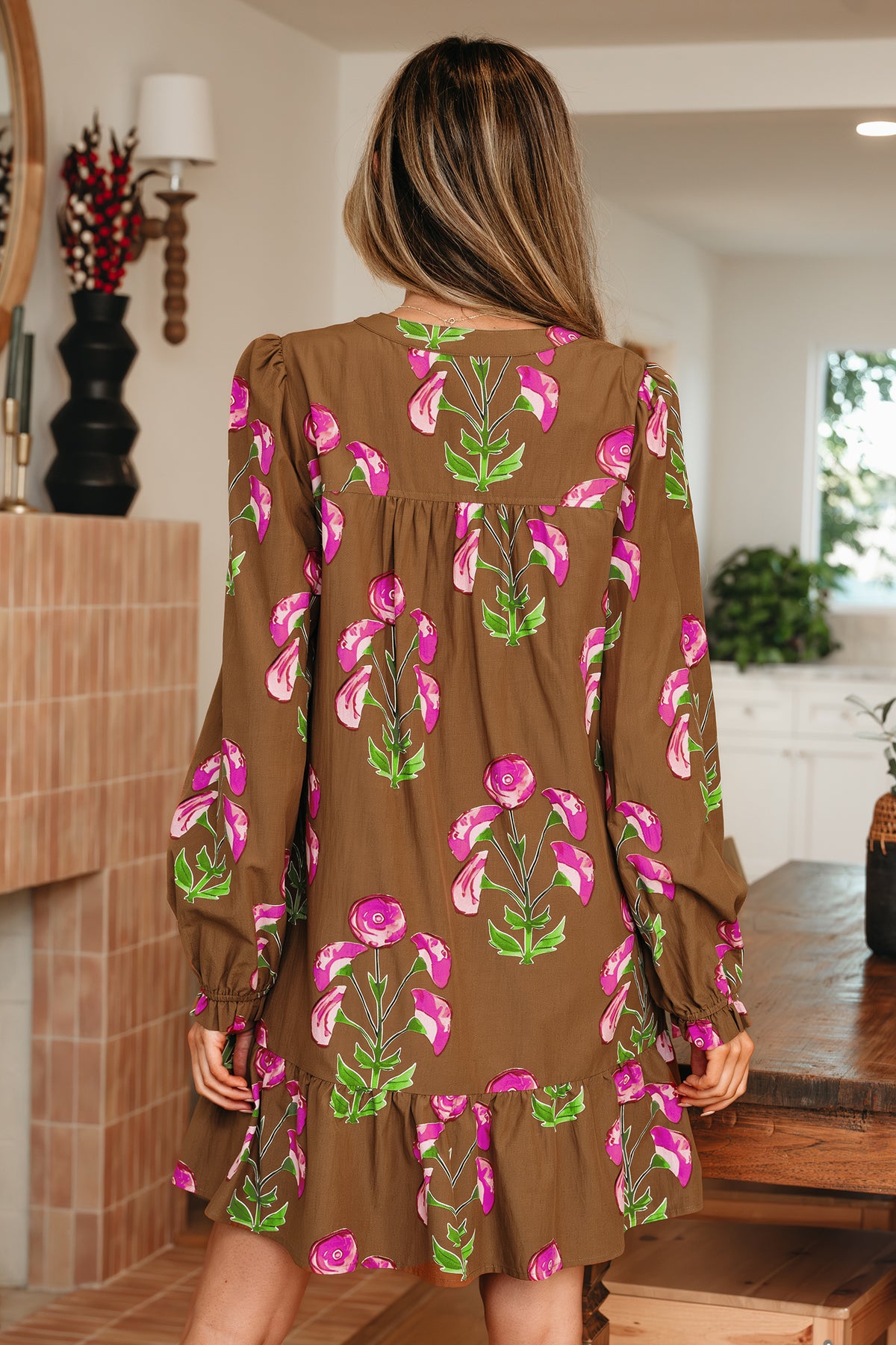 Brown Floral Print Babydoll Tunic Ruffled Hem Puff Sleeve Dress
