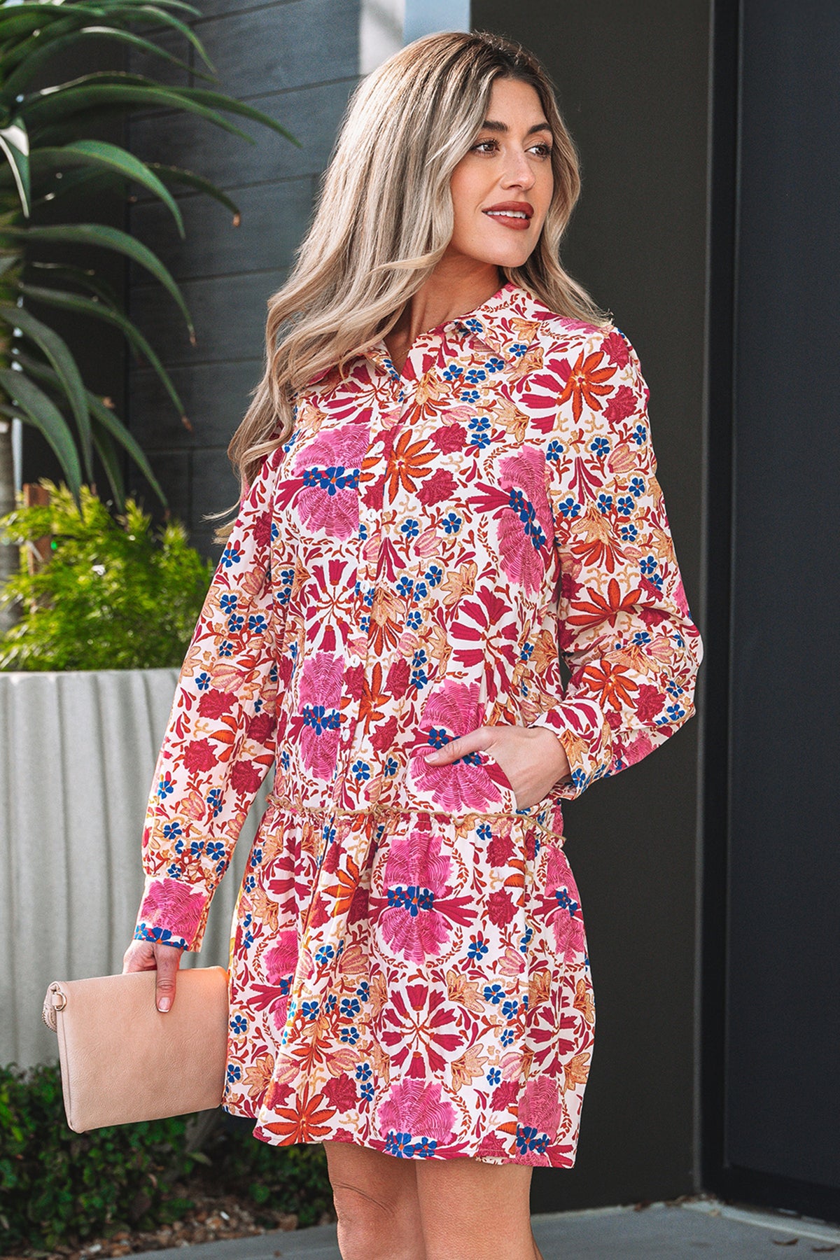 Red Fall Flower Print Long Sleeve Mini Dress
