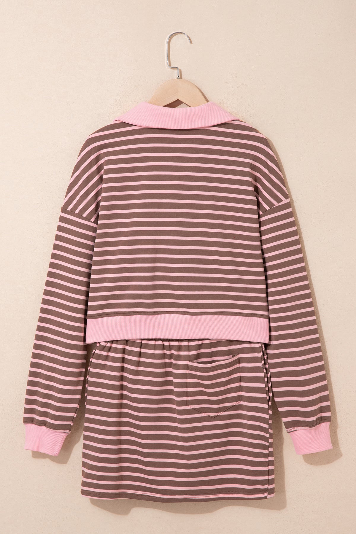 Women's Brown Stripe Striped Drawstring Waist Long-Sleeve Top Mini Skort Set
