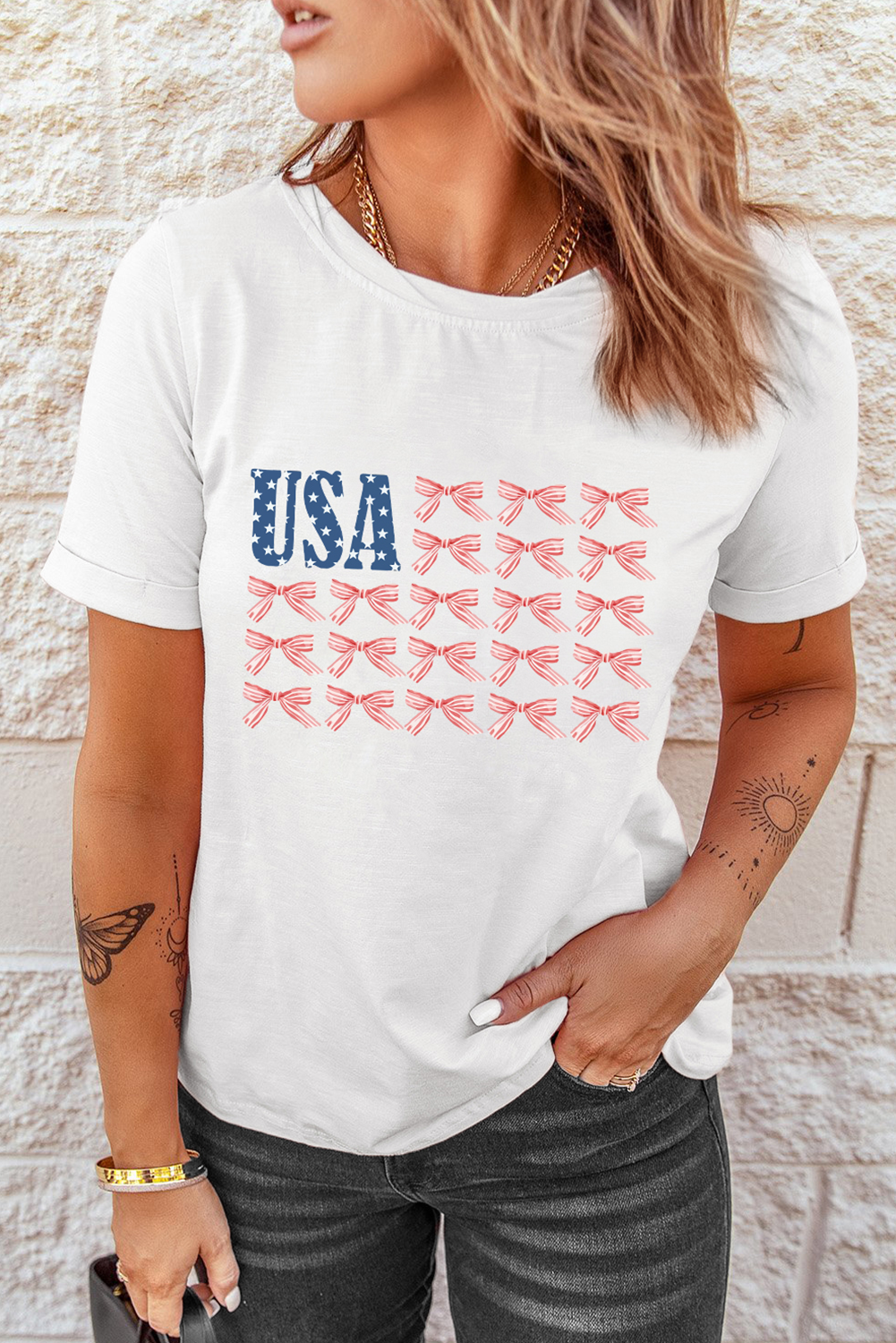 White USA Flag Bow Knot Print Round Neck T-Shirt