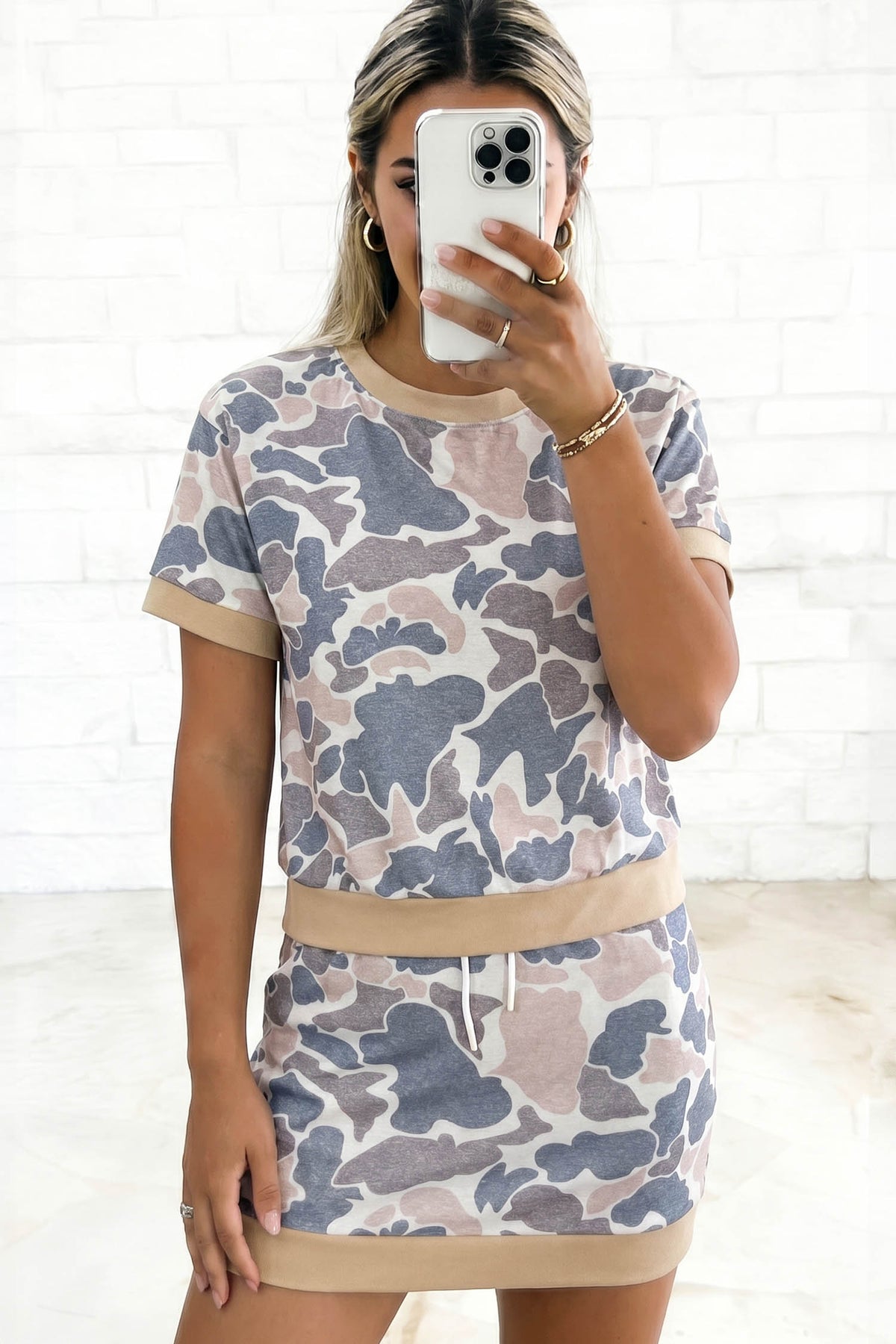 Women's Multicolour Retro Camouflage Color Block Trim Skort Two-Piece Outfit Set