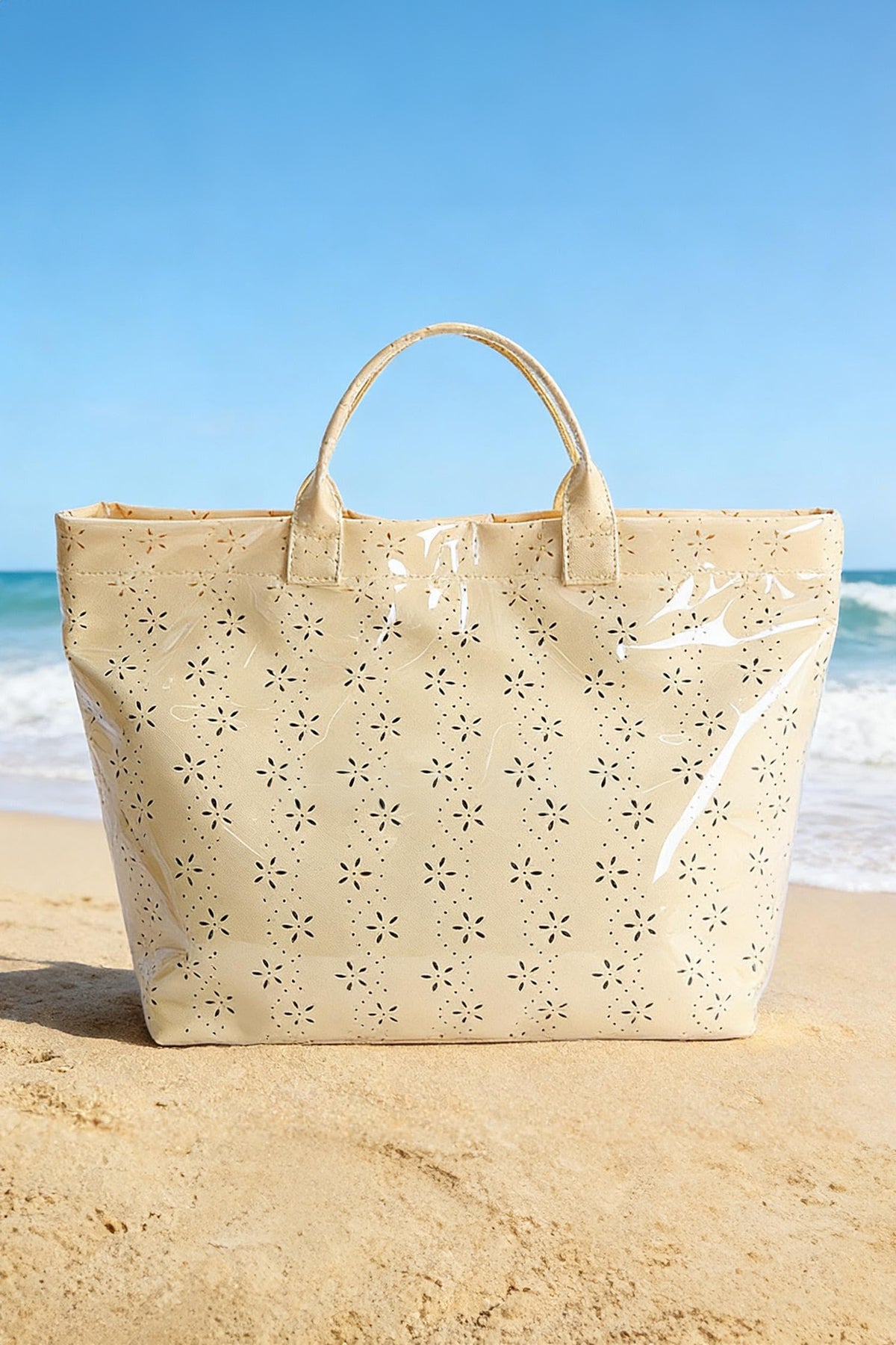 Dusk Blue Eyelet Flower Pattern PVC Glossy Waterproof Tote Bag