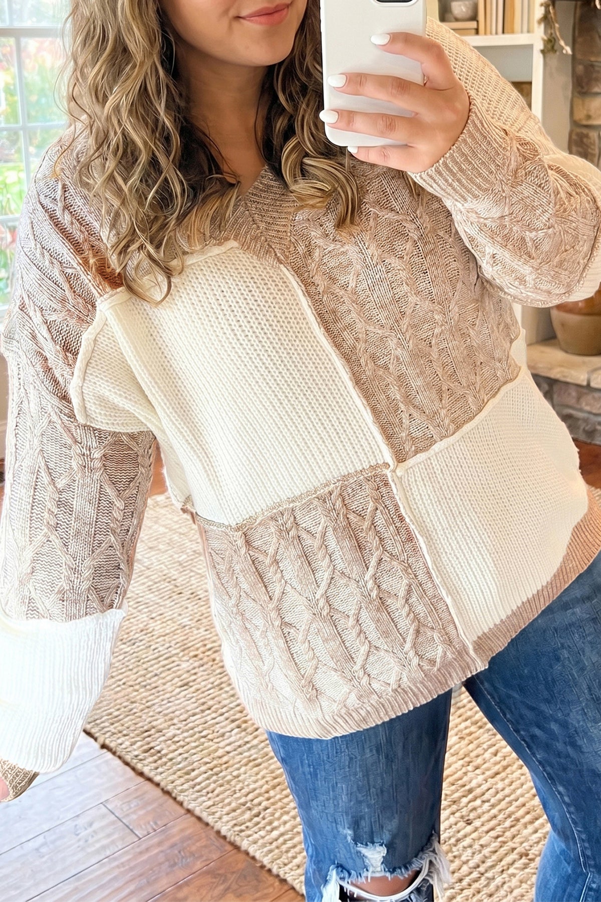 Parchment Color-Block V-Neck Long-Sleeve Tunic Loose Fit Plus Size Sweater
