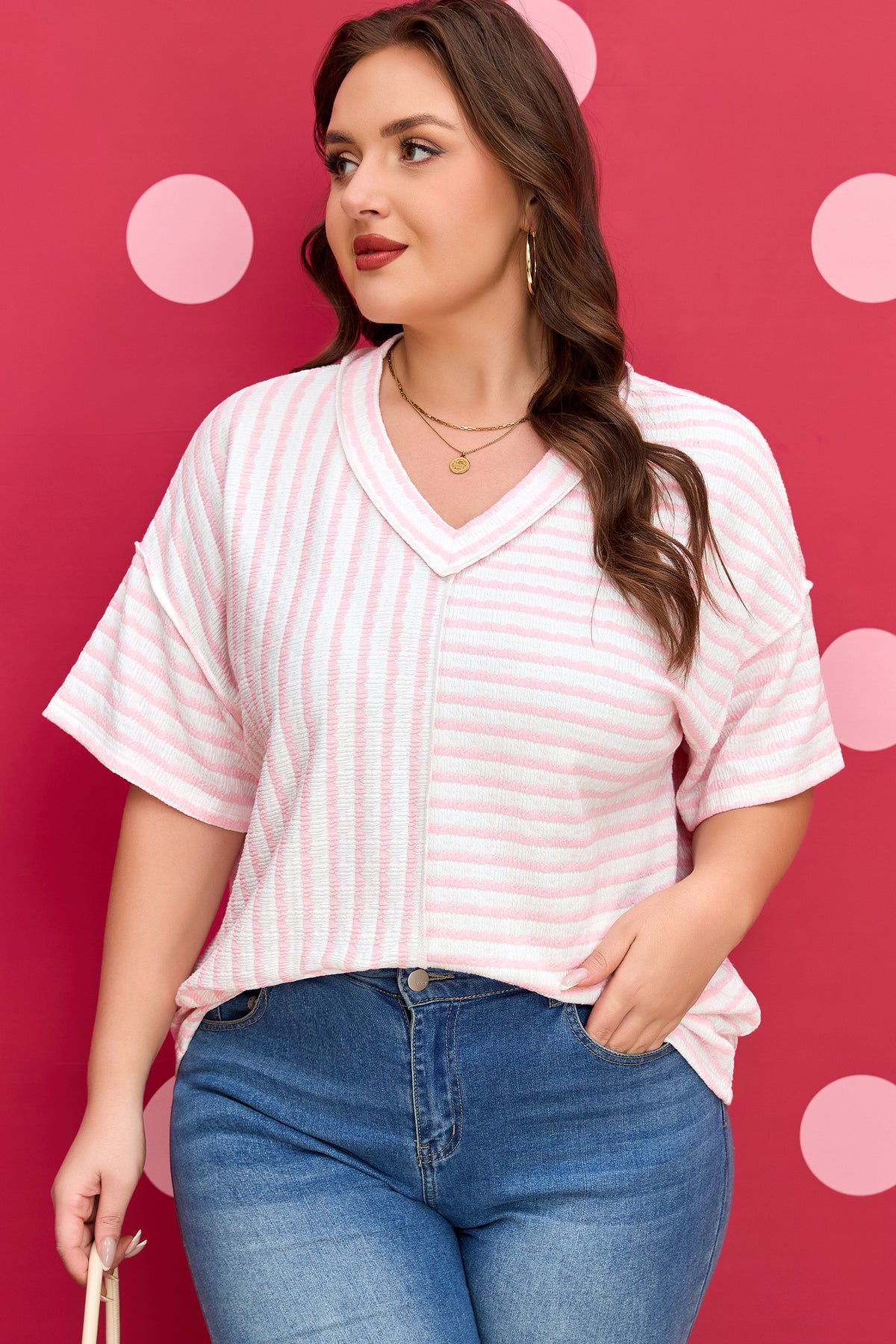 Pink Stripe Plus Size V-Neck Exposed Seam Patchwork T-Shirt