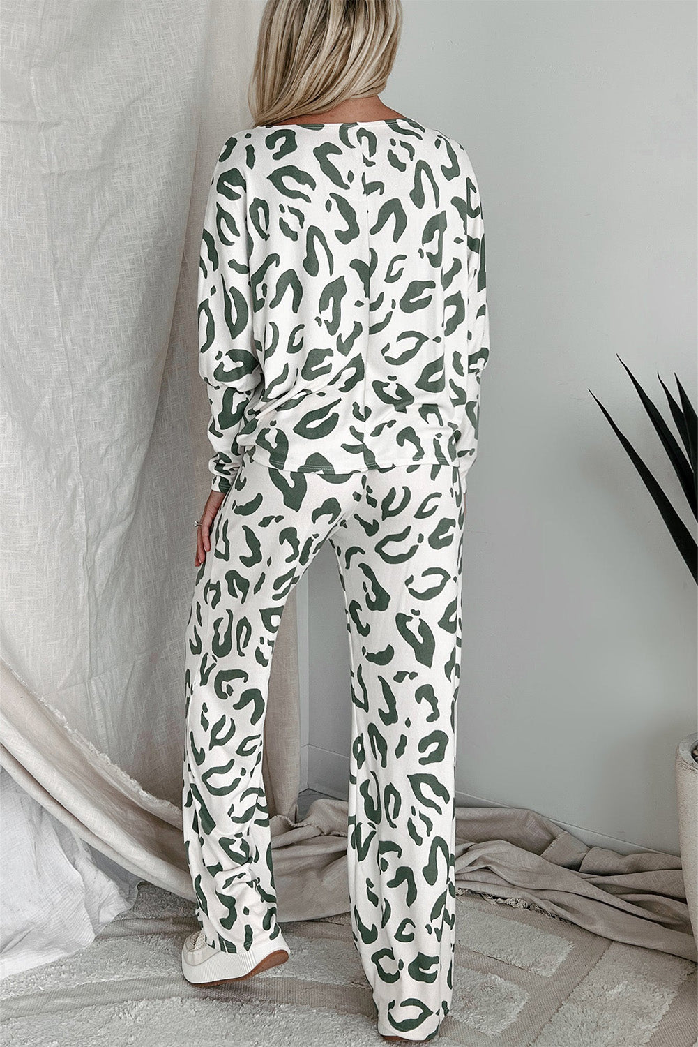 Beige Leopard Animal Print Long Sleeve and Pants Lounge Set