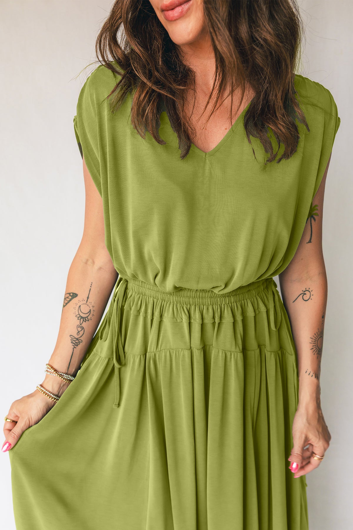Fern Green Solid V Neck Cap Sleeve Tunic Elastic Waist Maxi Dress