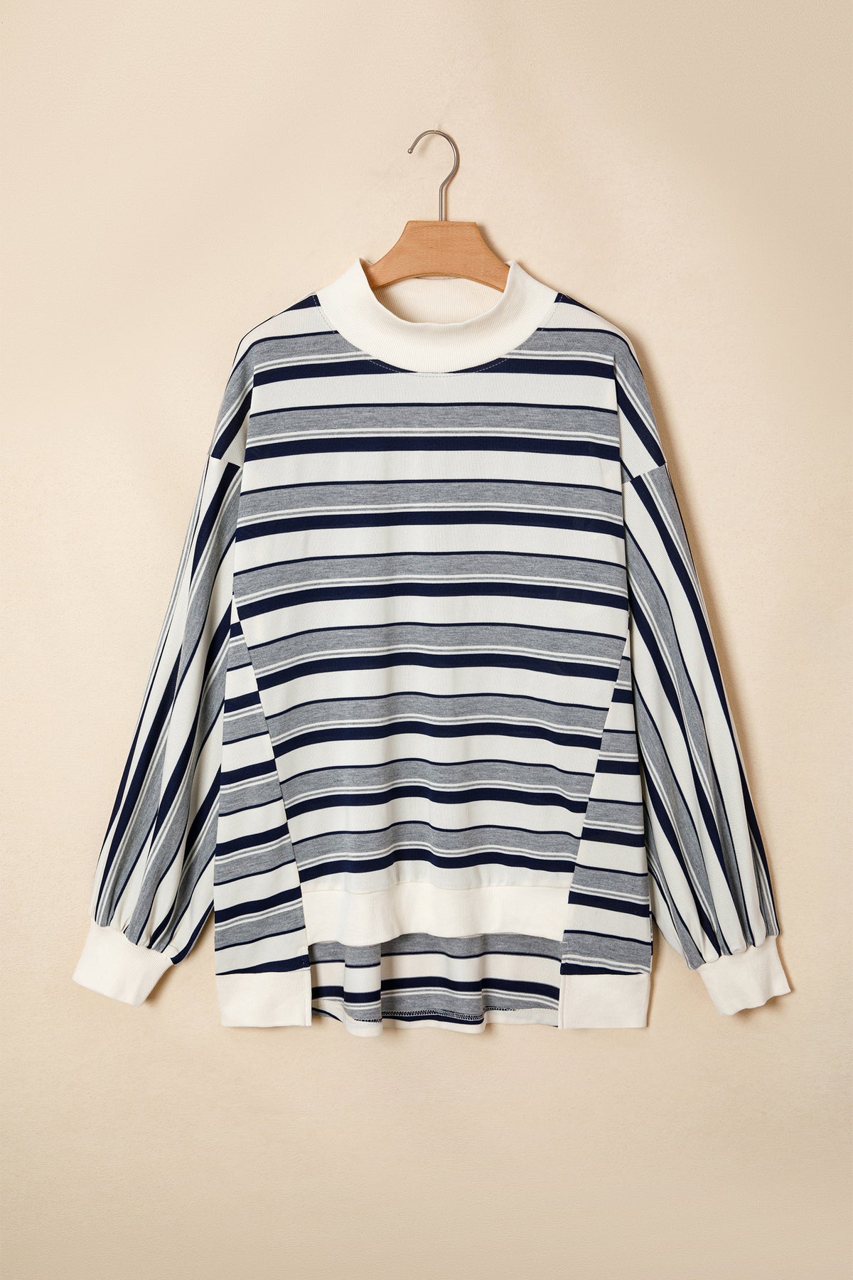 Blue Stripe Striped Ribbed Stand Neck Shift Sweatshirt