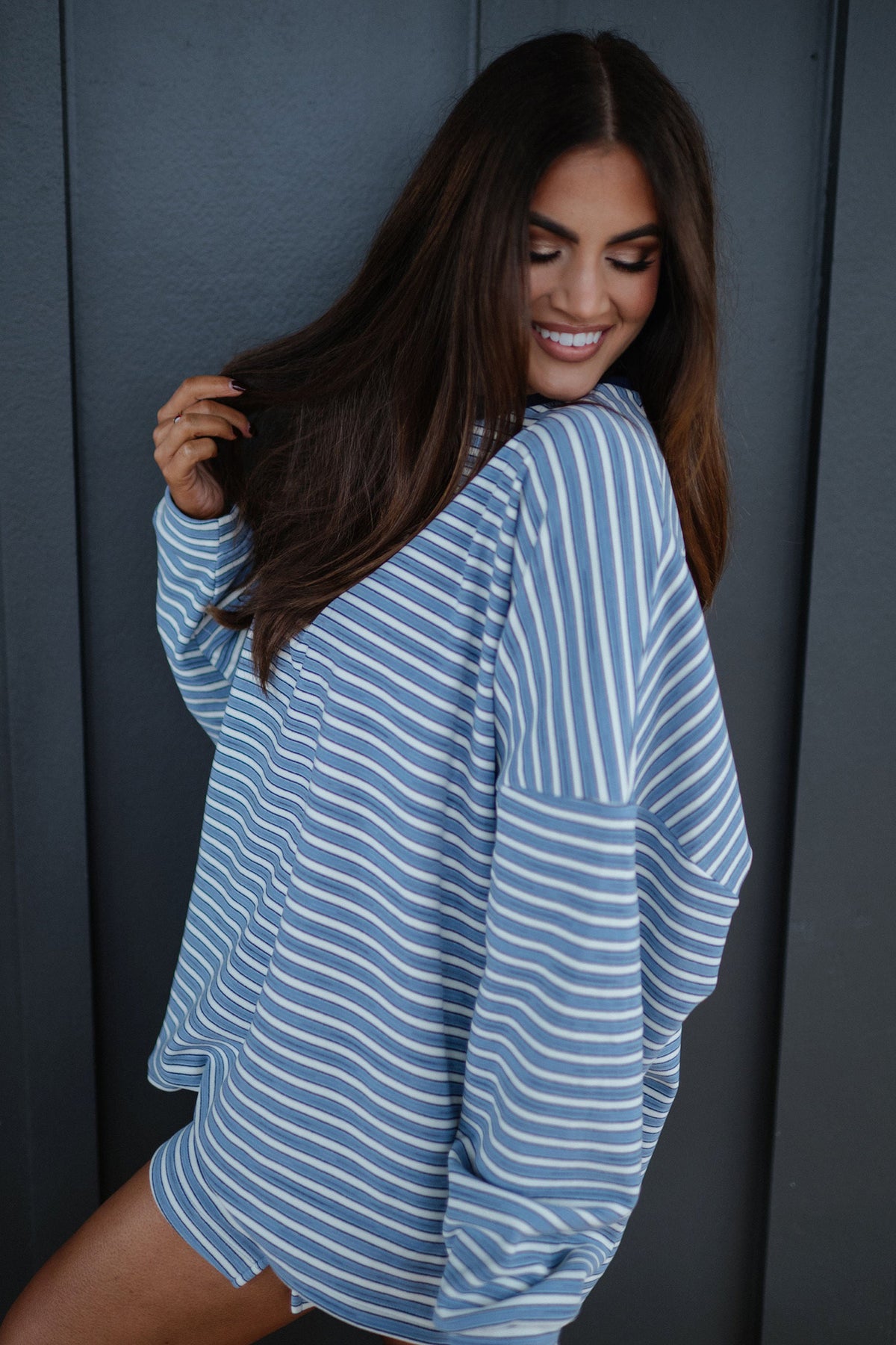 Women's Sky Blue Stripe Long-Sleeve Oversized Top Pocketed Casual Shorts Two-Piece Set