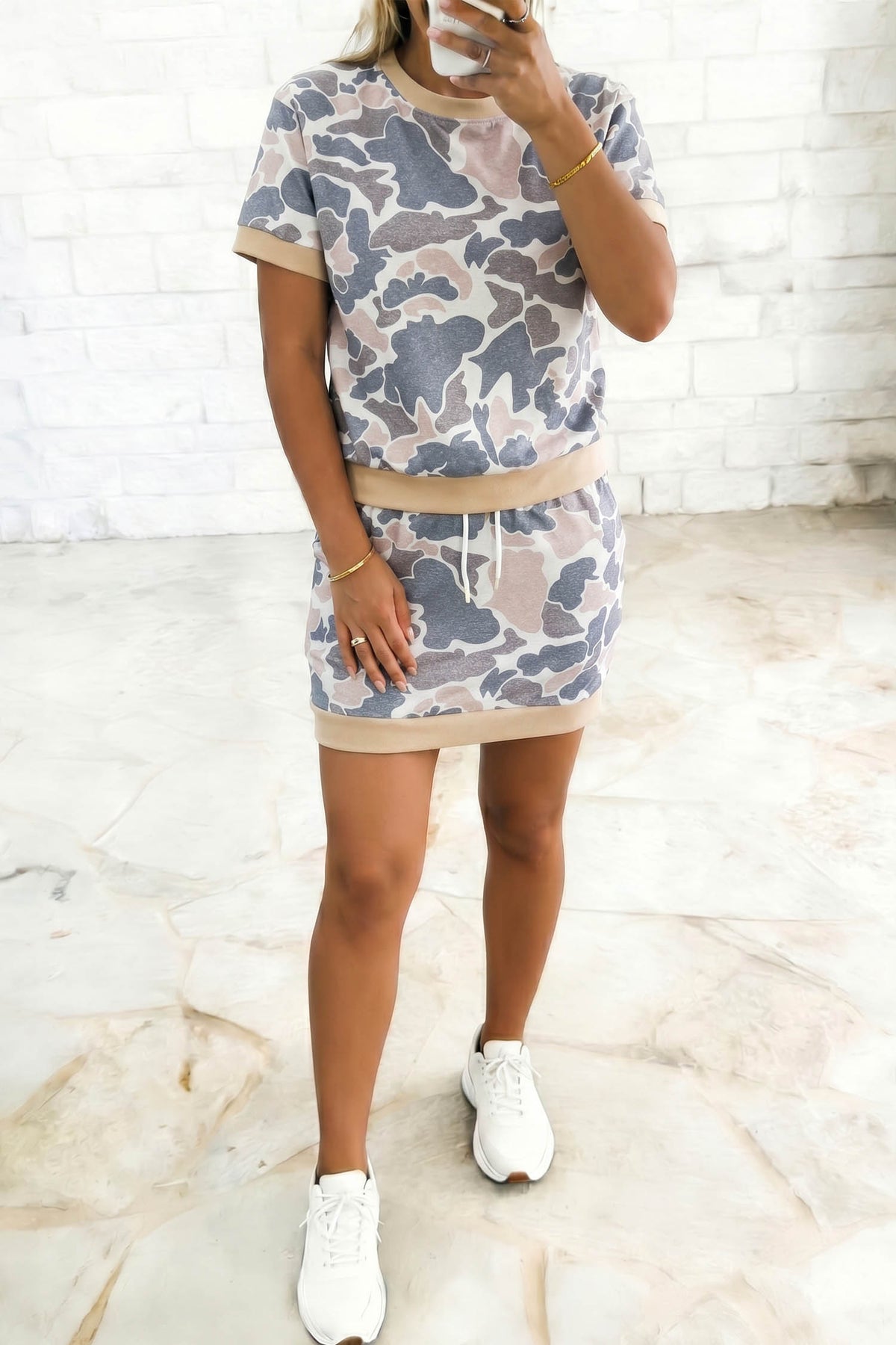 Women's Multicolour Retro Camouflage Color Block Trim Skort Two-Piece Outfit Set