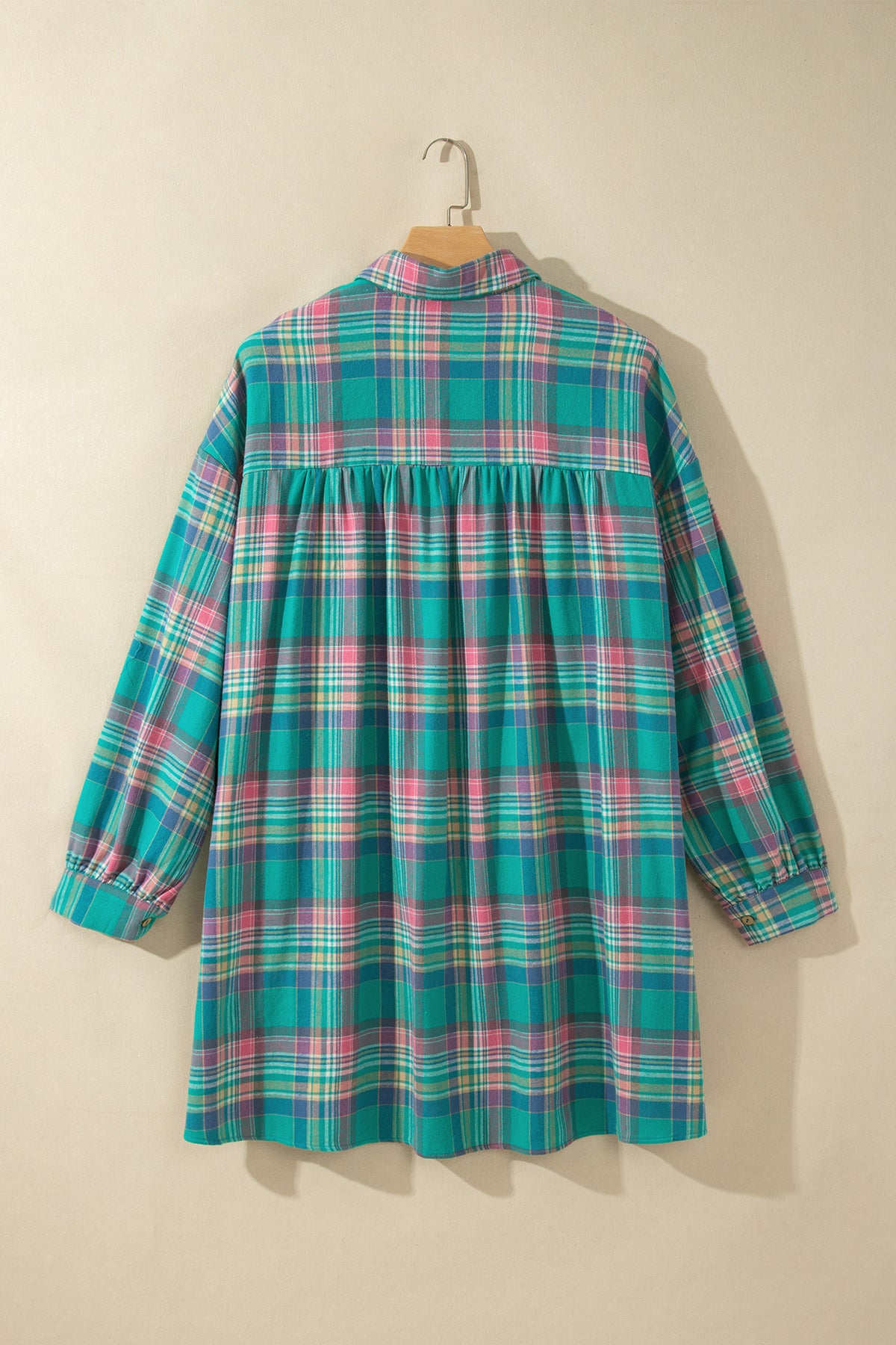 Green Plaid Button-Up Shift Long-Sleeve V-Neck Plus Size Dress