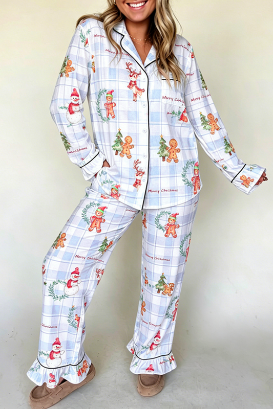 Sky Blue Plaid Cartoon Christmas Pattern Shirt Top Pajama Set