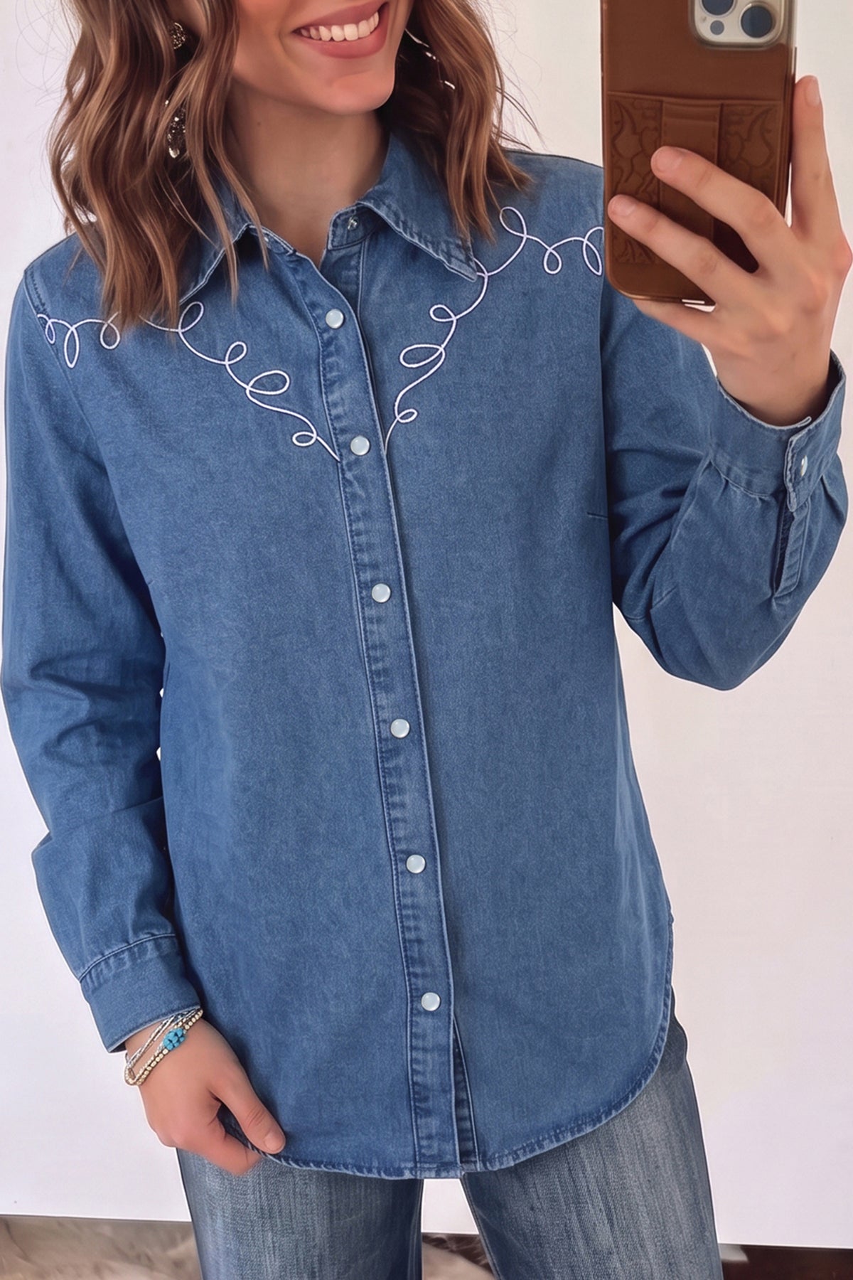 Dusk Blue Western Embroidered Collar Denim Shirt