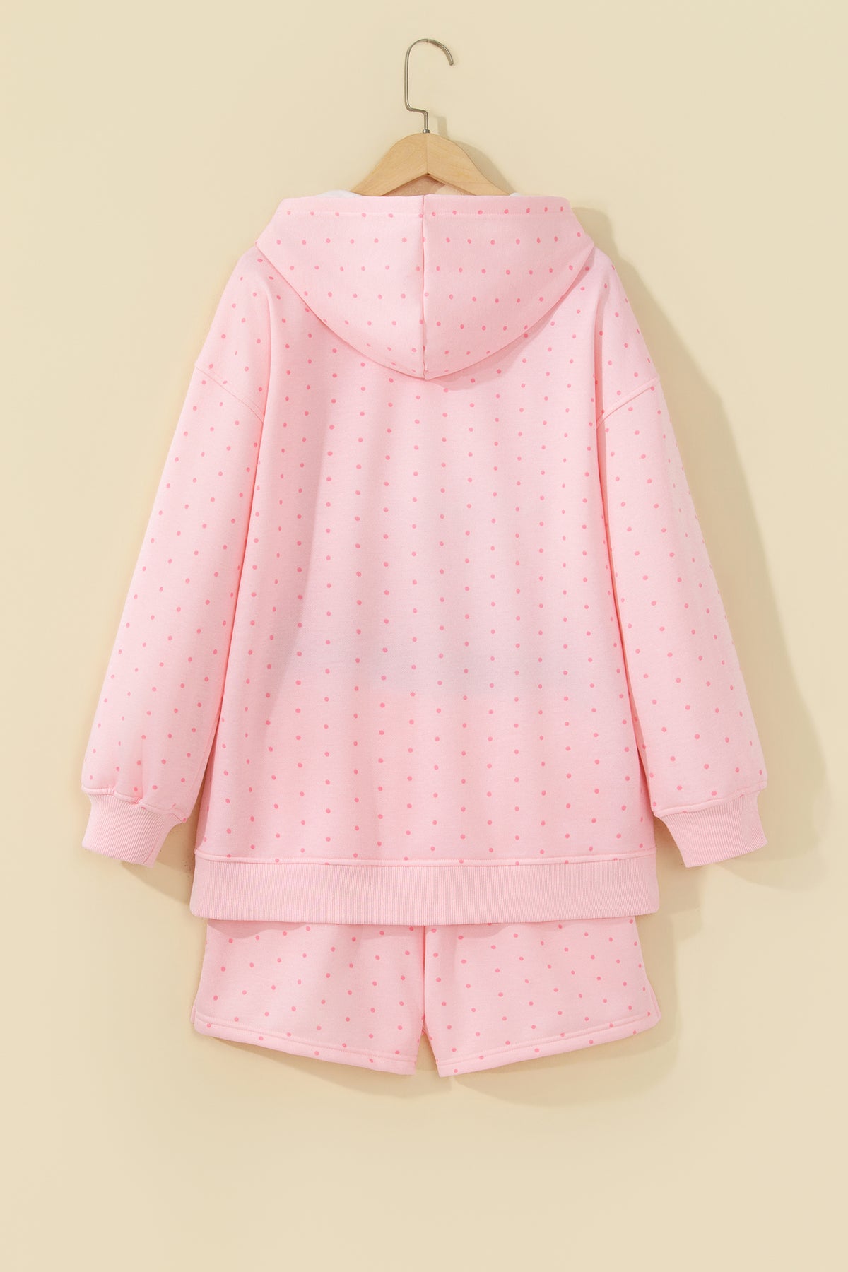 Pink Polka Dot Printed Oversized Hoodie Casual Shorts Set