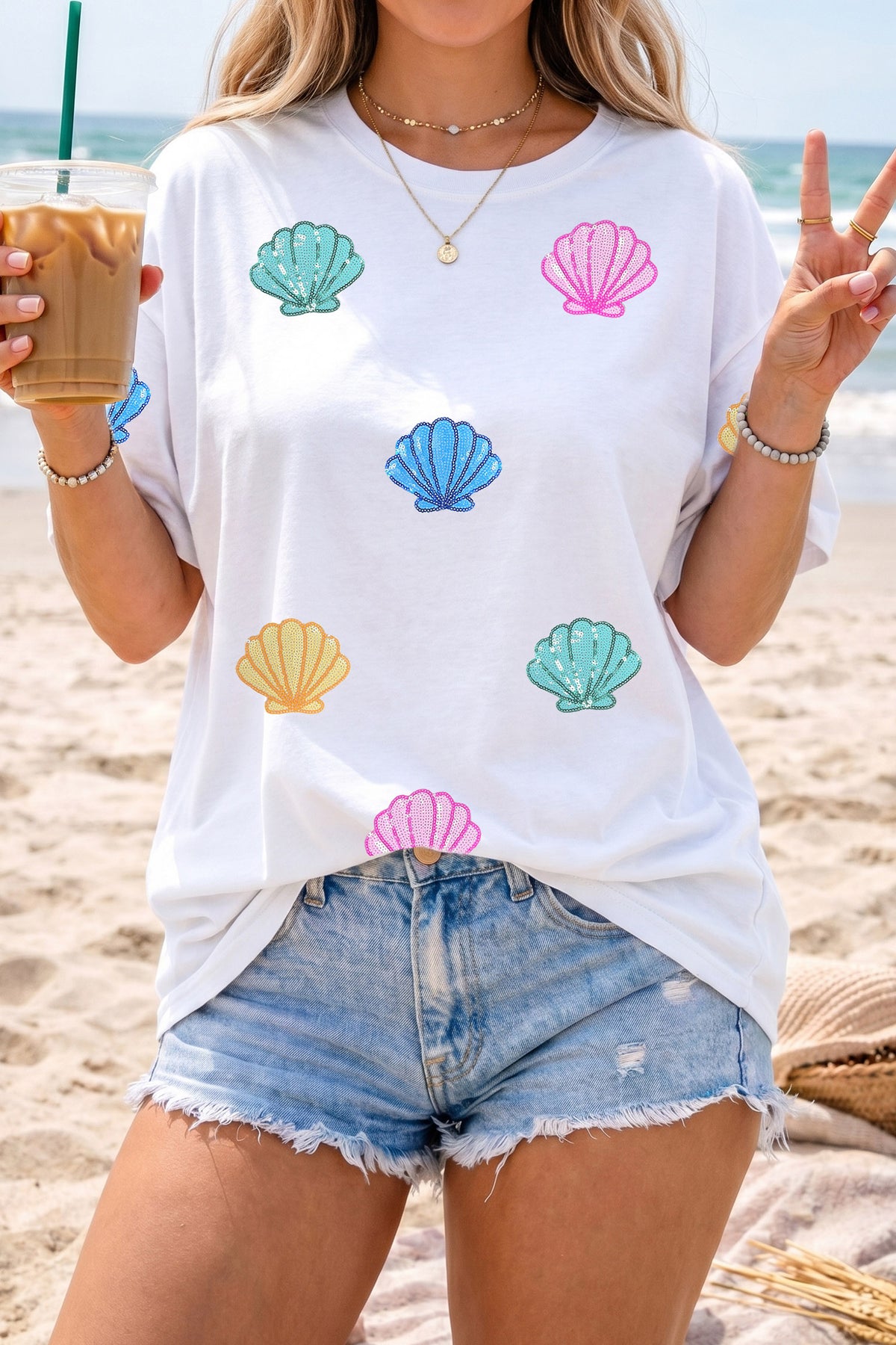 White Sequin Shell Graphic Summer Loose T-Shirt