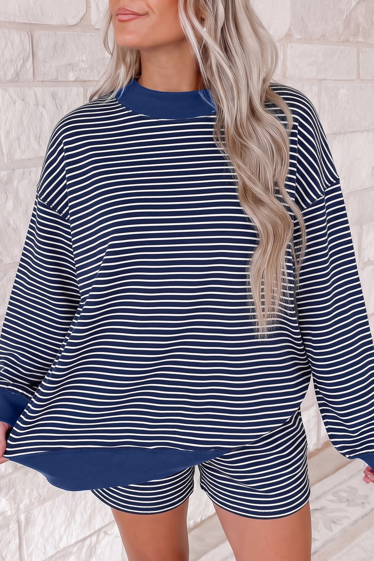Women's Pink Stripe Ribbed Patchwork Mock Neck Baggy Pullover Matching Shorts Set