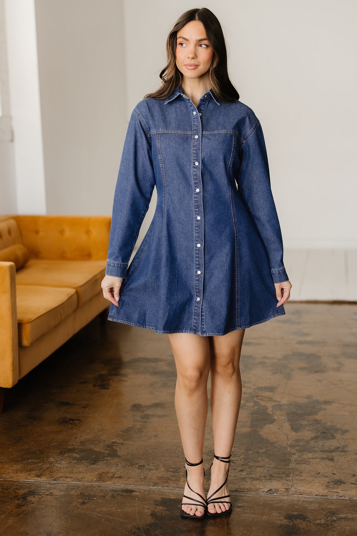 Ashleigh Blue Denim Shirt Collar Long Sleeve Flared Mini Dress