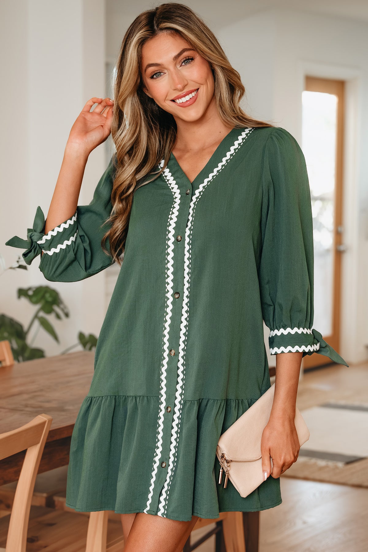 Canton Ricrac Trim Button V Neck Knotted Bracelet Sleeve Shift Dress