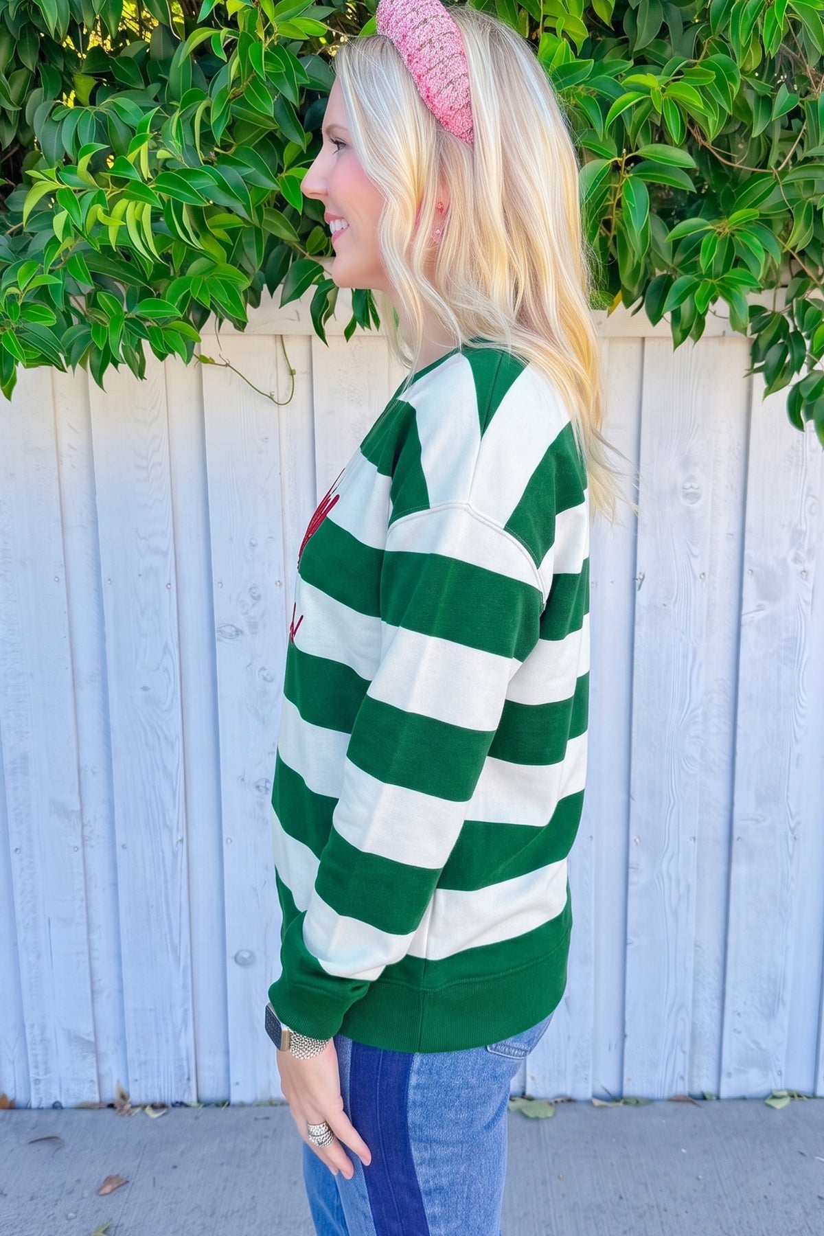 Green Stripe holly jolly Letter Embroidered Sweatshirt