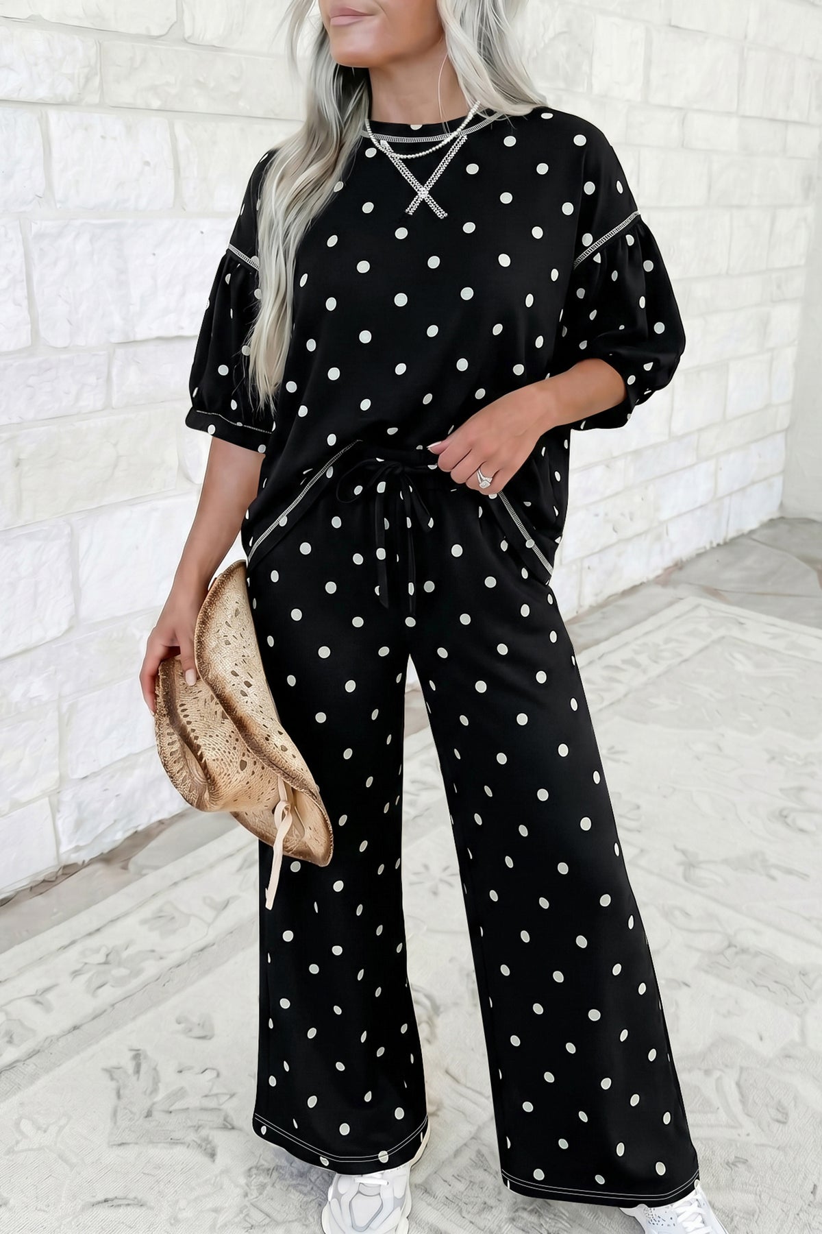 Women's Black Polka Dot Half Sleeve Loose Top Elastic Waist Casual Pants Set