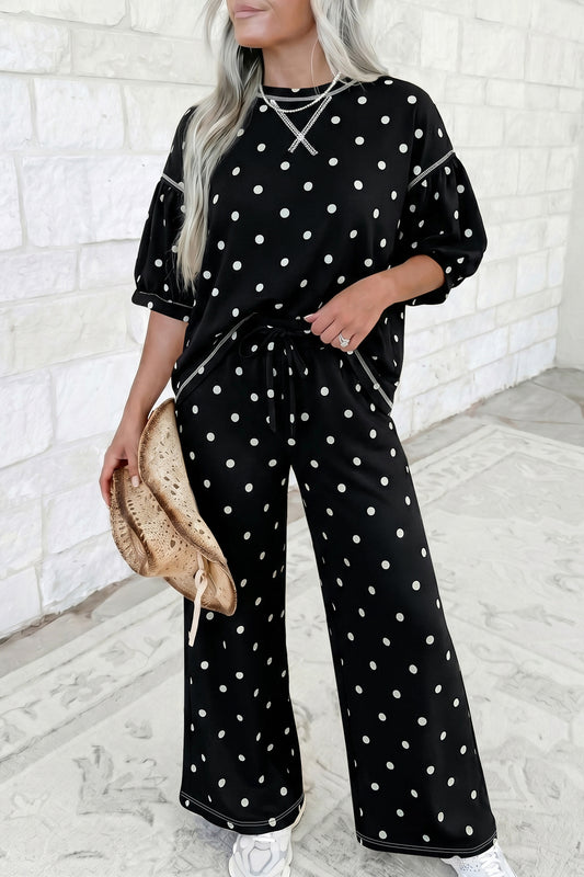 Women's Black Polka Dot Half Sleeve Loose Top Elastic Waist Casual Pants Set