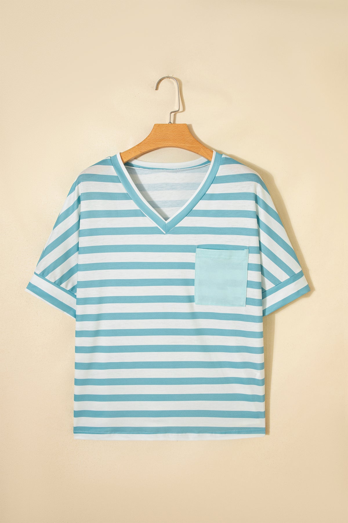 Sky Blue Stripe V Neck Patched Pocket Casual T Shirt