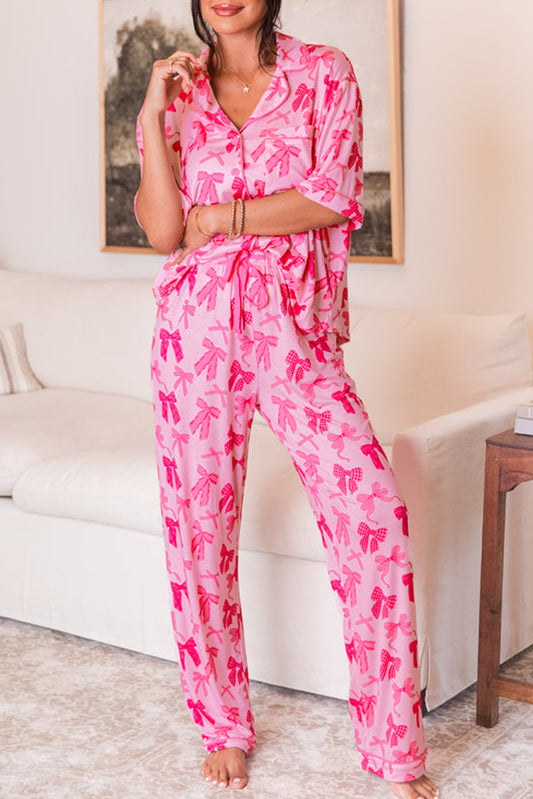 Pink Bow Print Lapel Collar Short Sleeve and Pants Pajama Set