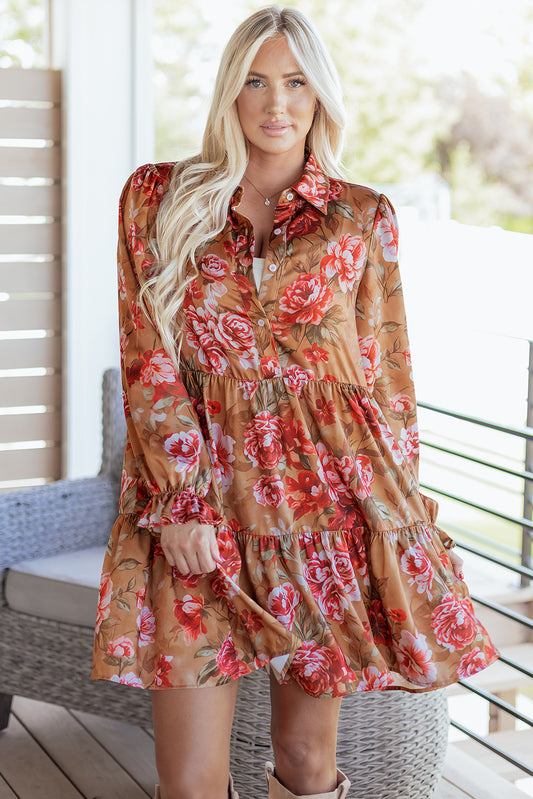Brown Vintage Floral Print Half Button Long Sleeve Ruffle Mini Dress