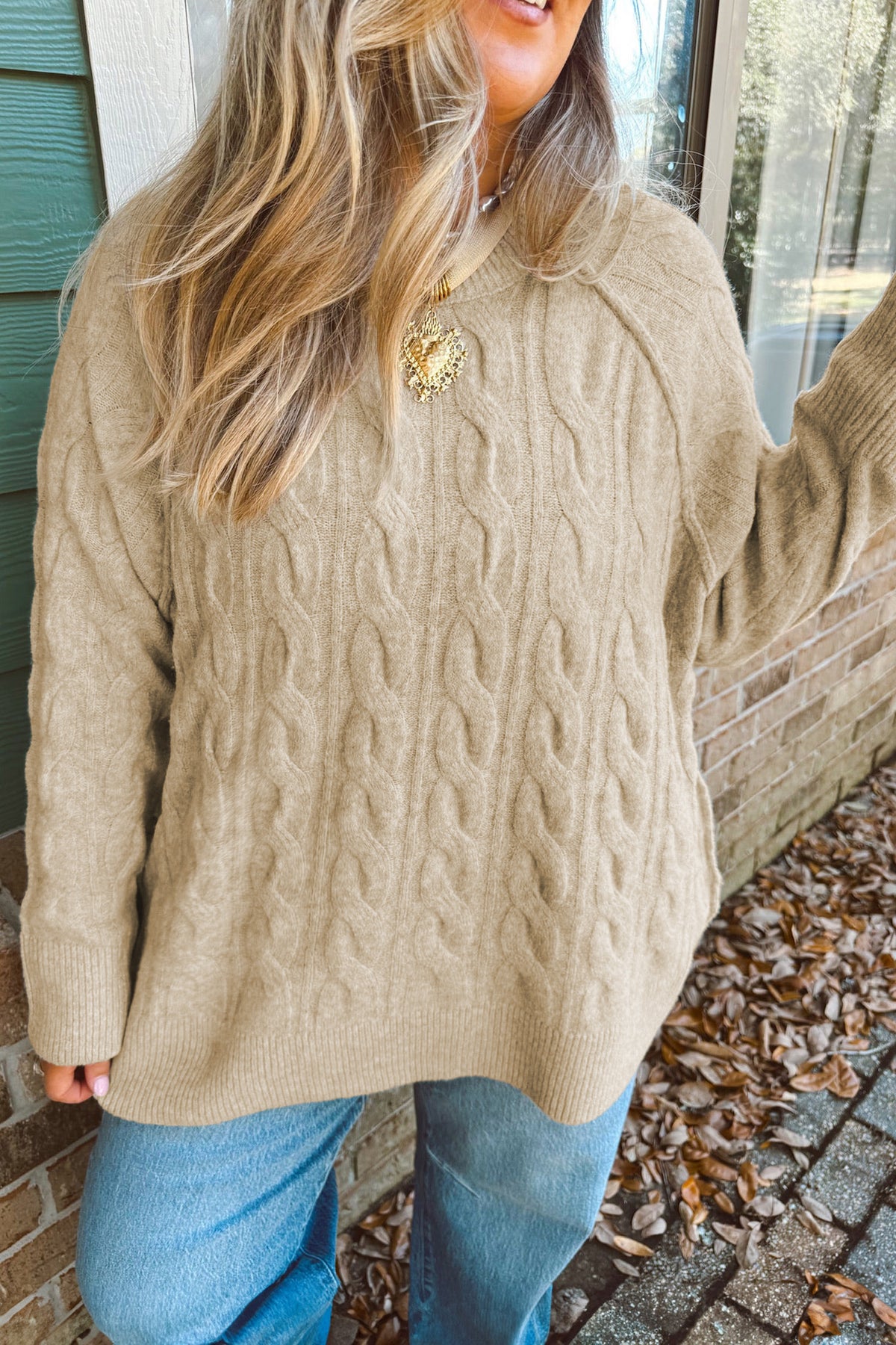 Parchment Oversized Cable Knit Long-Sleeve Round-Neck Tunic Length Plus Size Sweater
