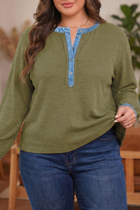Four Leaf Clover Ribbed Knit Denim Accents V Neck Plus Size Blouse