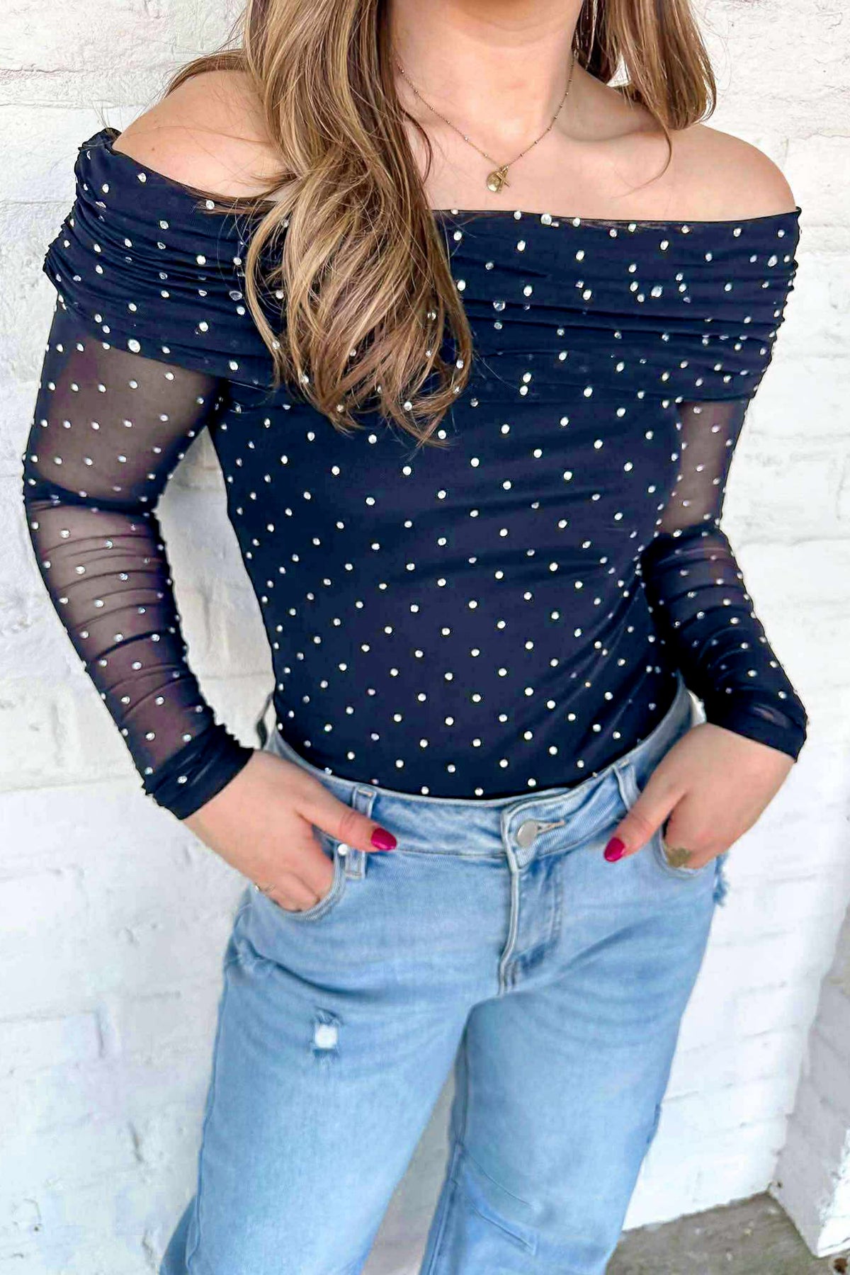 Blue Off Shoulder Polka Dot Mesh Sheath Top