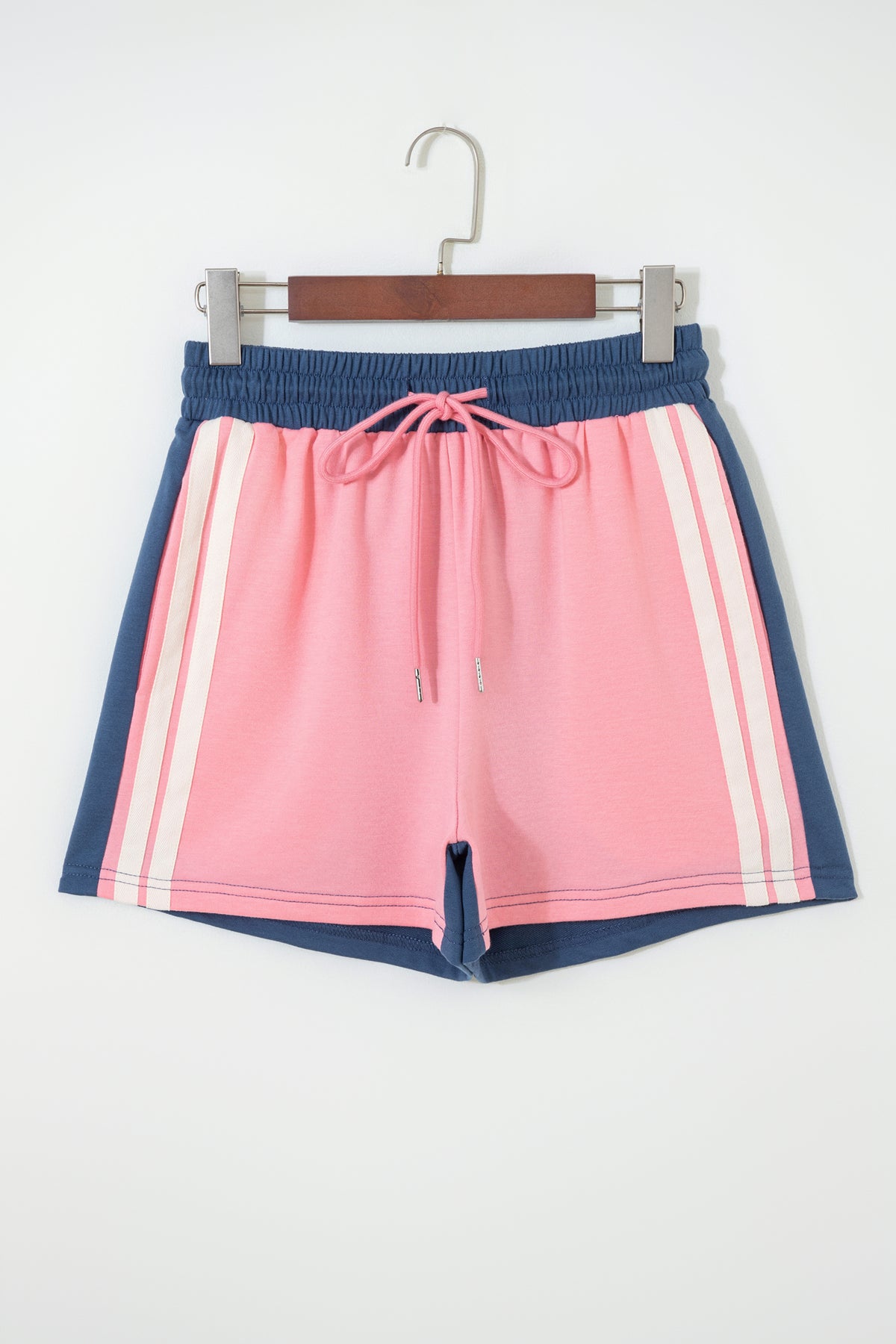 Pink Color Block Patchwork Varsity Striped Drawstring Elastic Shorts
