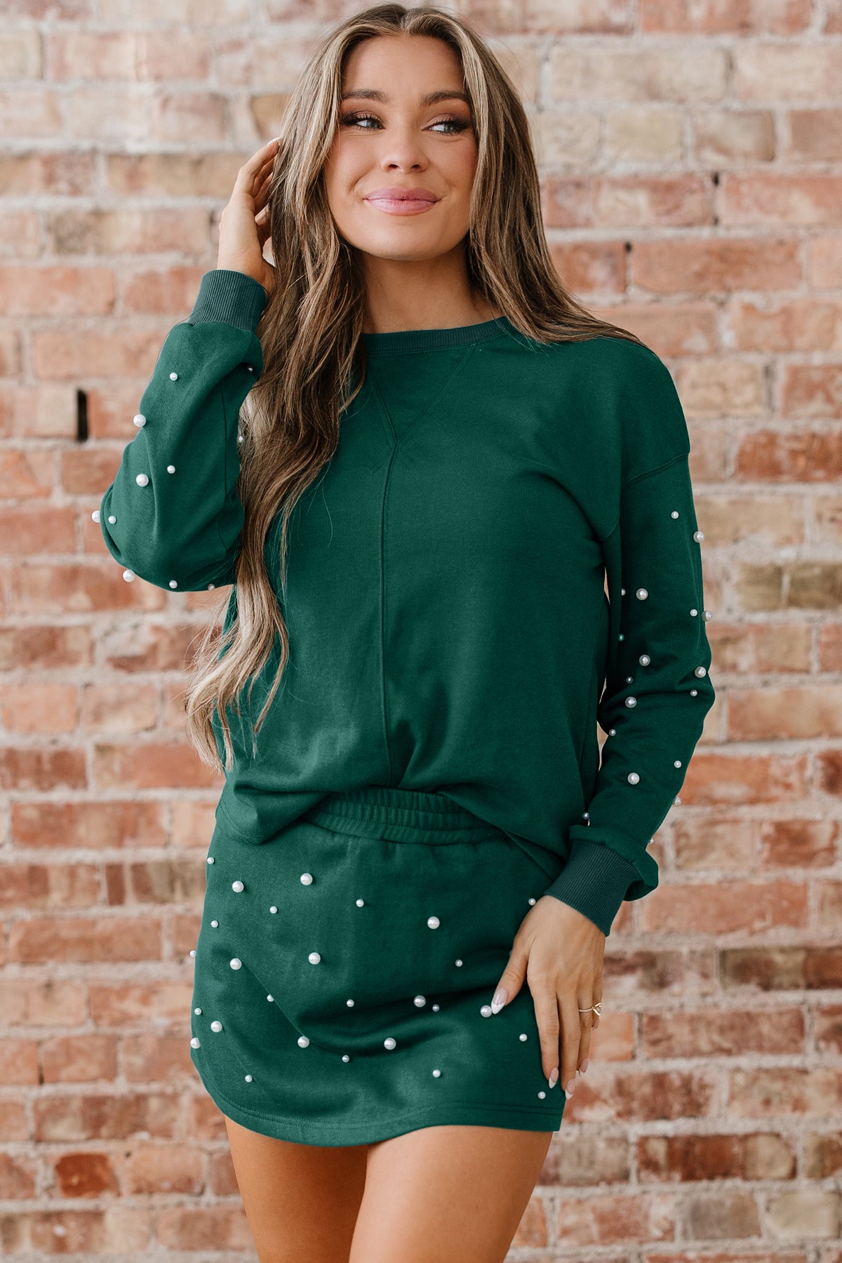 Dark Green Pearl Embellished Drop Shoulder Pullover Elastic Waist Mini Skort Set