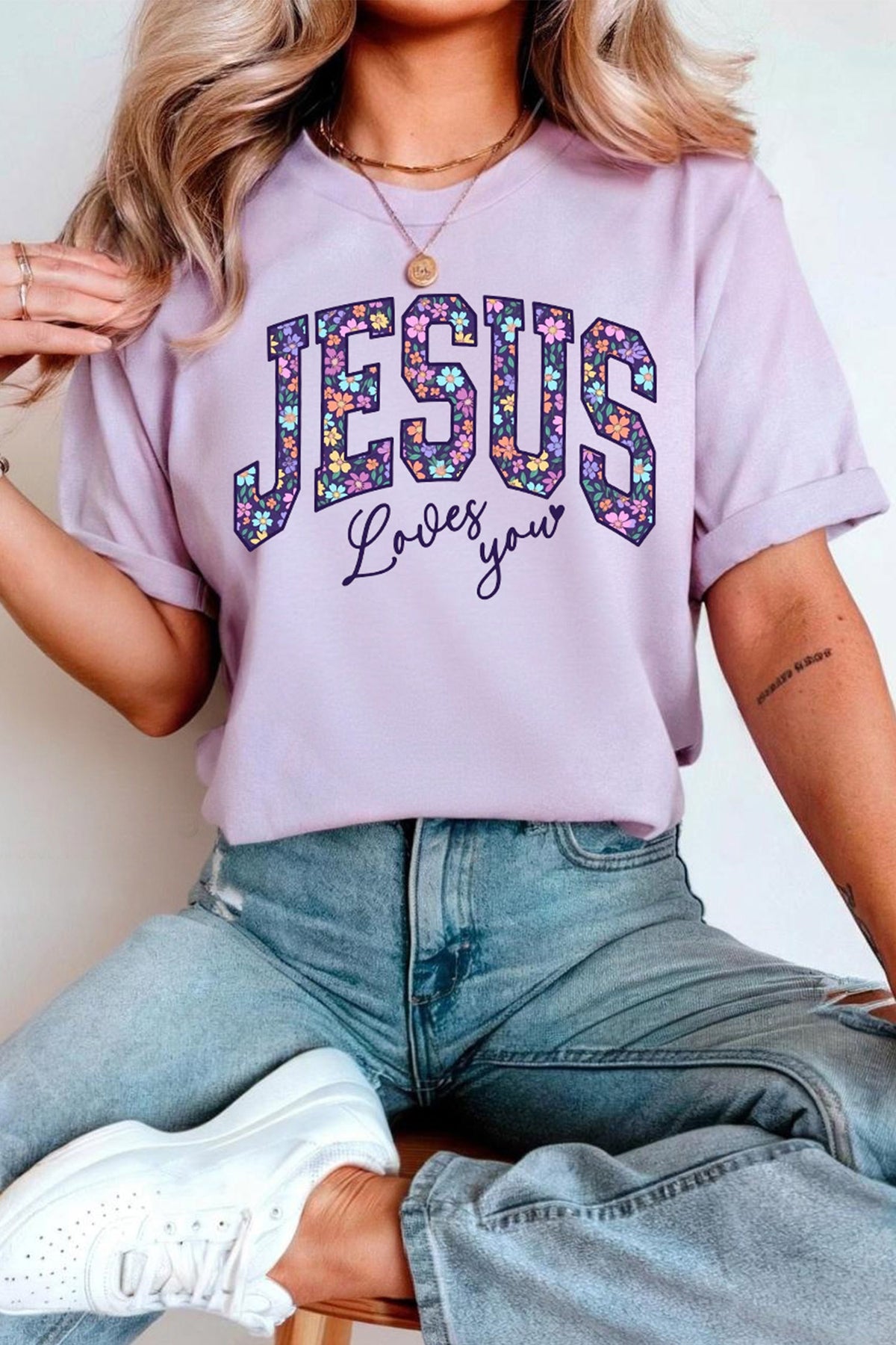 Orchid Petal Christian Floral Letter Graphic Round Neck T-Shirt