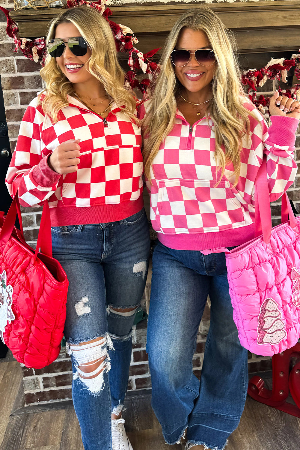 Women's Red Checkered Print Half Zip Hoodie Pants Two-Piece Set