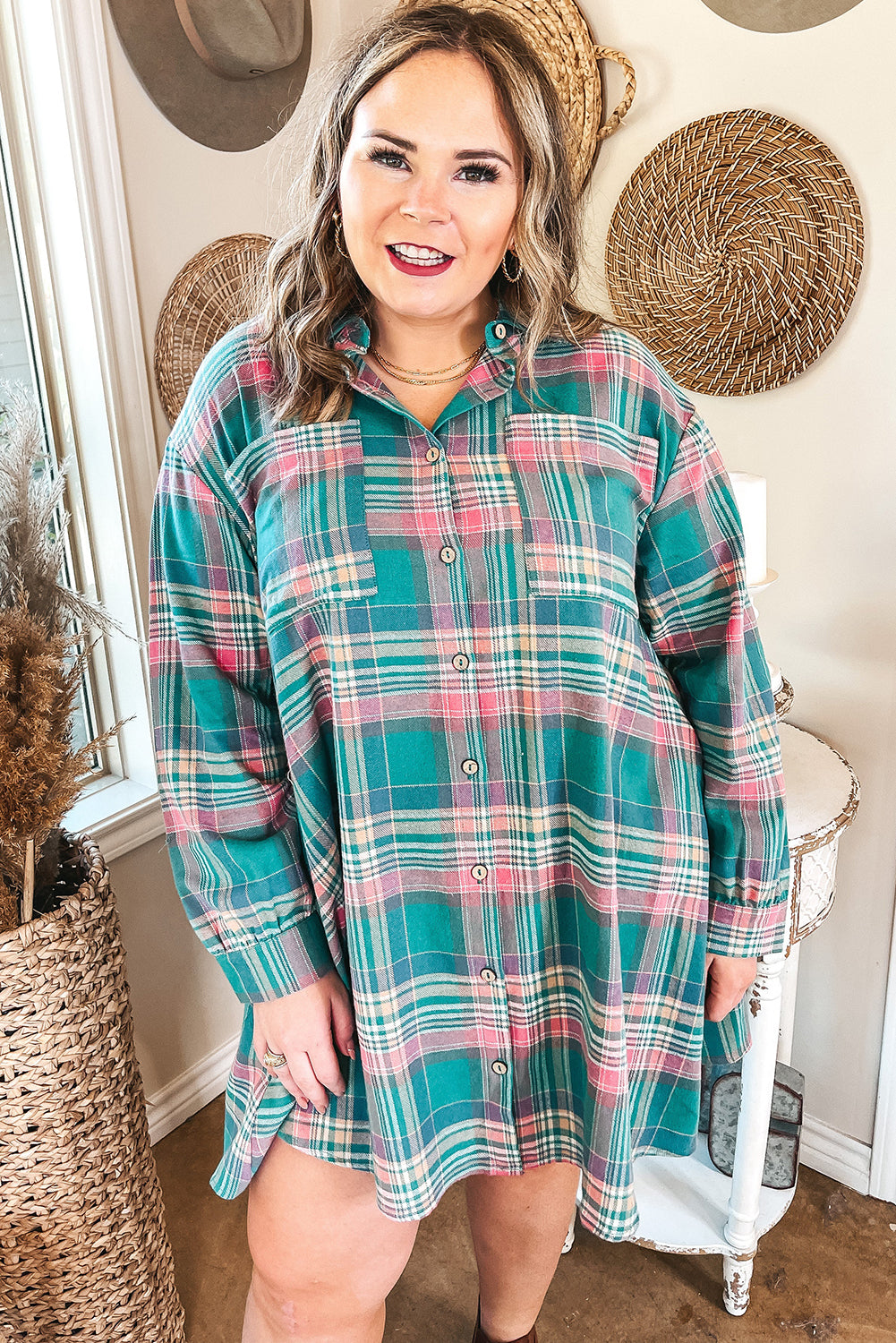 Green Plaid Button-Up Shift Long-Sleeve V-Neck Plus Size Dress