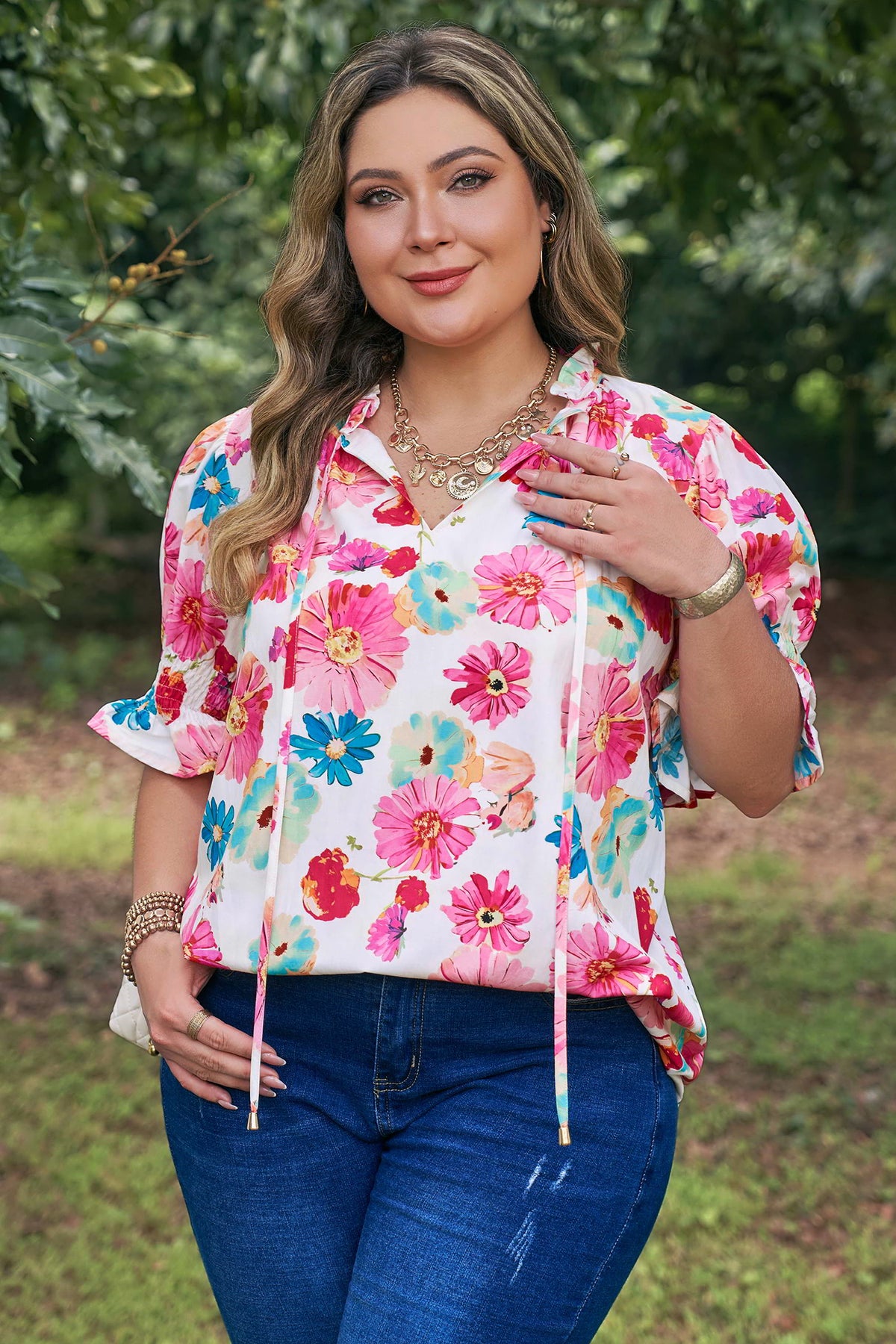 Pink Plus Size Floral Print Ruched Short-Sleeve Blouse