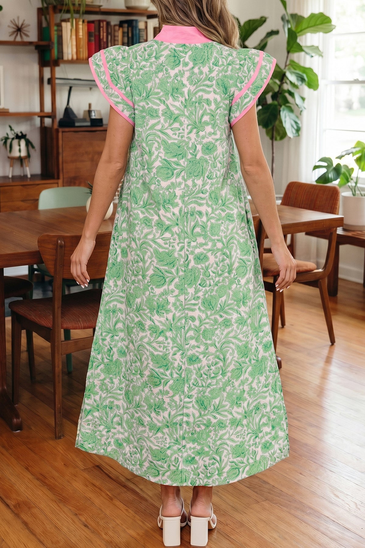Pink Floral V-Neck Midi Dress
