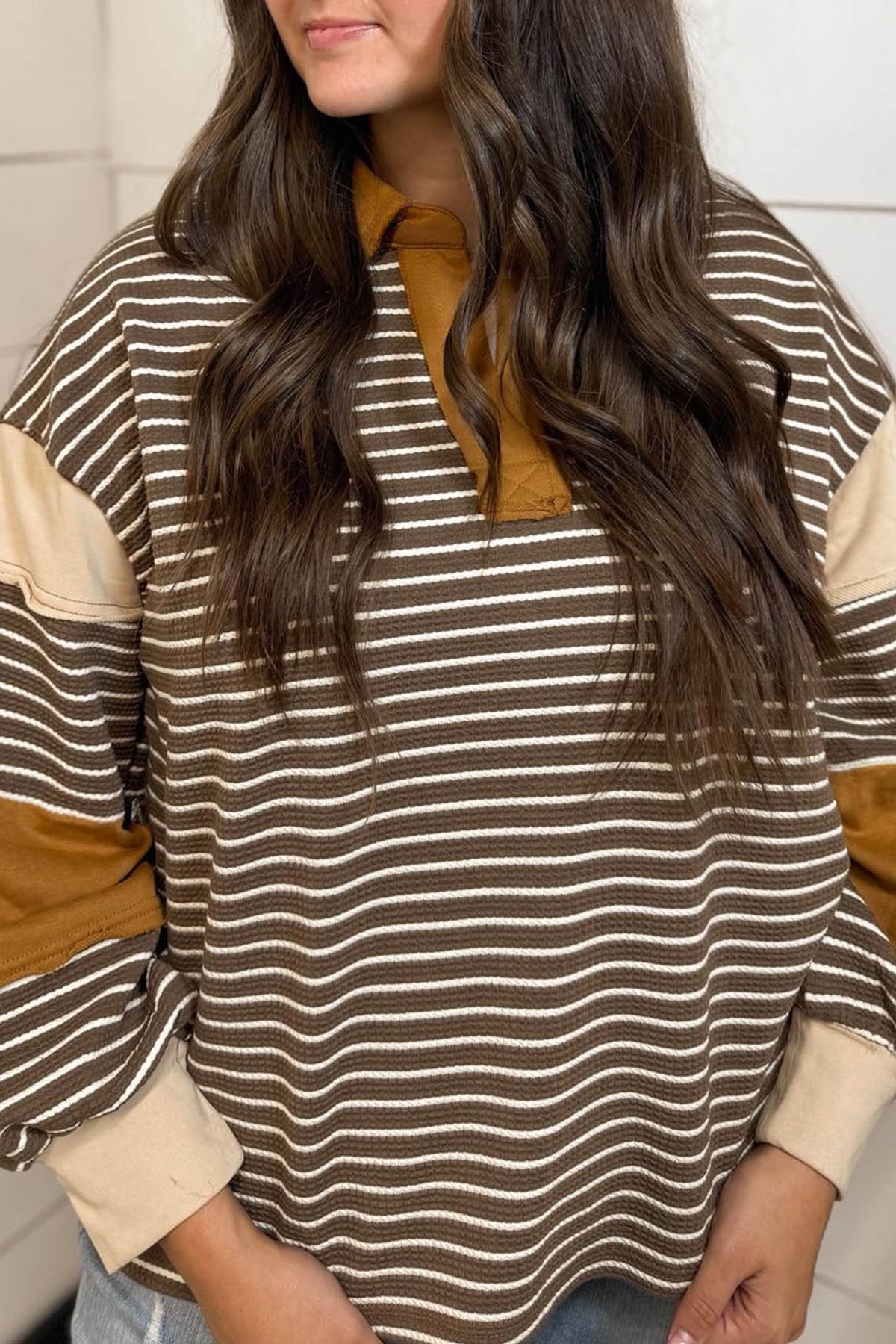 Brown Stripe Color-Block Detail Collar V-Neck Plus Size Long-Sleeve Top