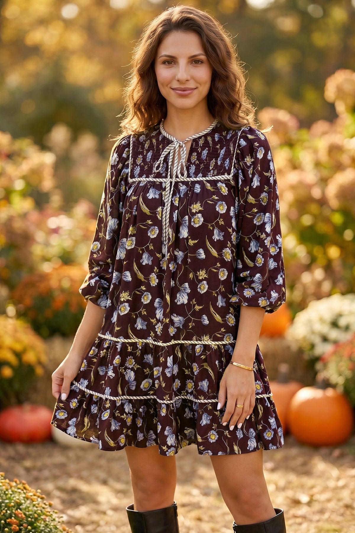 Brown Floral V-Neck Mini Dress