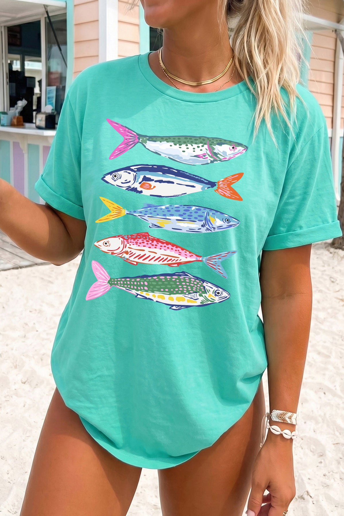 Mint Green Vibrant Fish Print Casual Short Sleeve T-Shirt