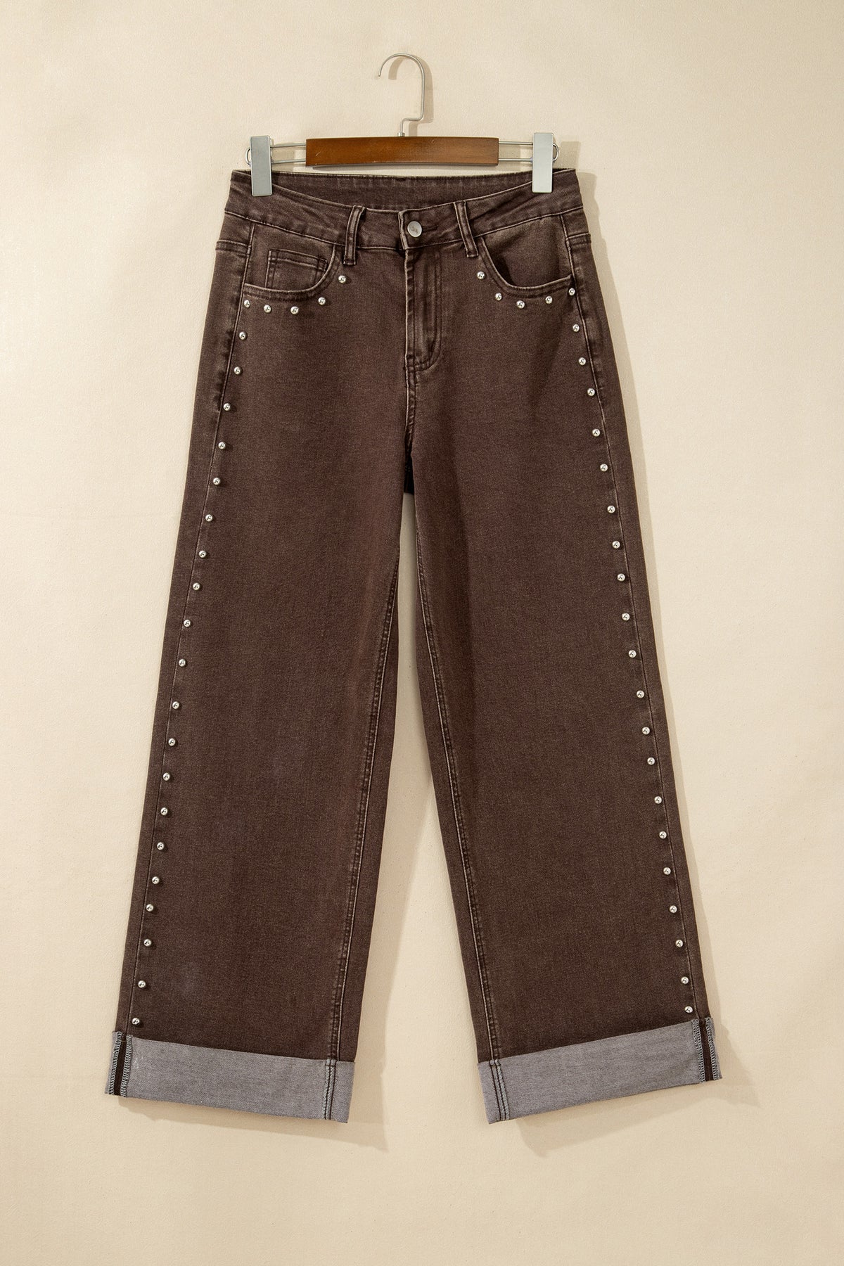 Coffee Studded Straight Leg Casual Loose Jeans