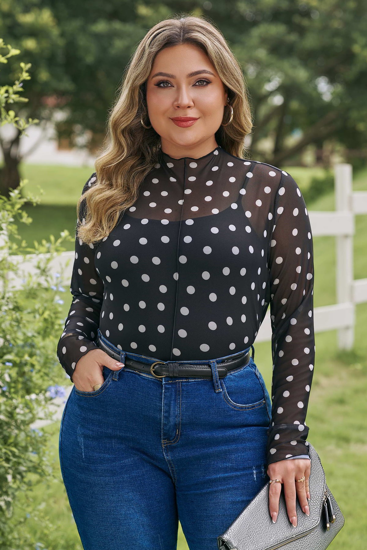 Black Plus Size Mock Neck Polka Dot Long-Sleeve Mesh Top