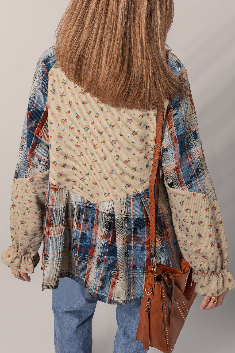 Oatmeal Boho Floral Plaid Distressed Ruffled Sleeve Waffle Knit Shacket