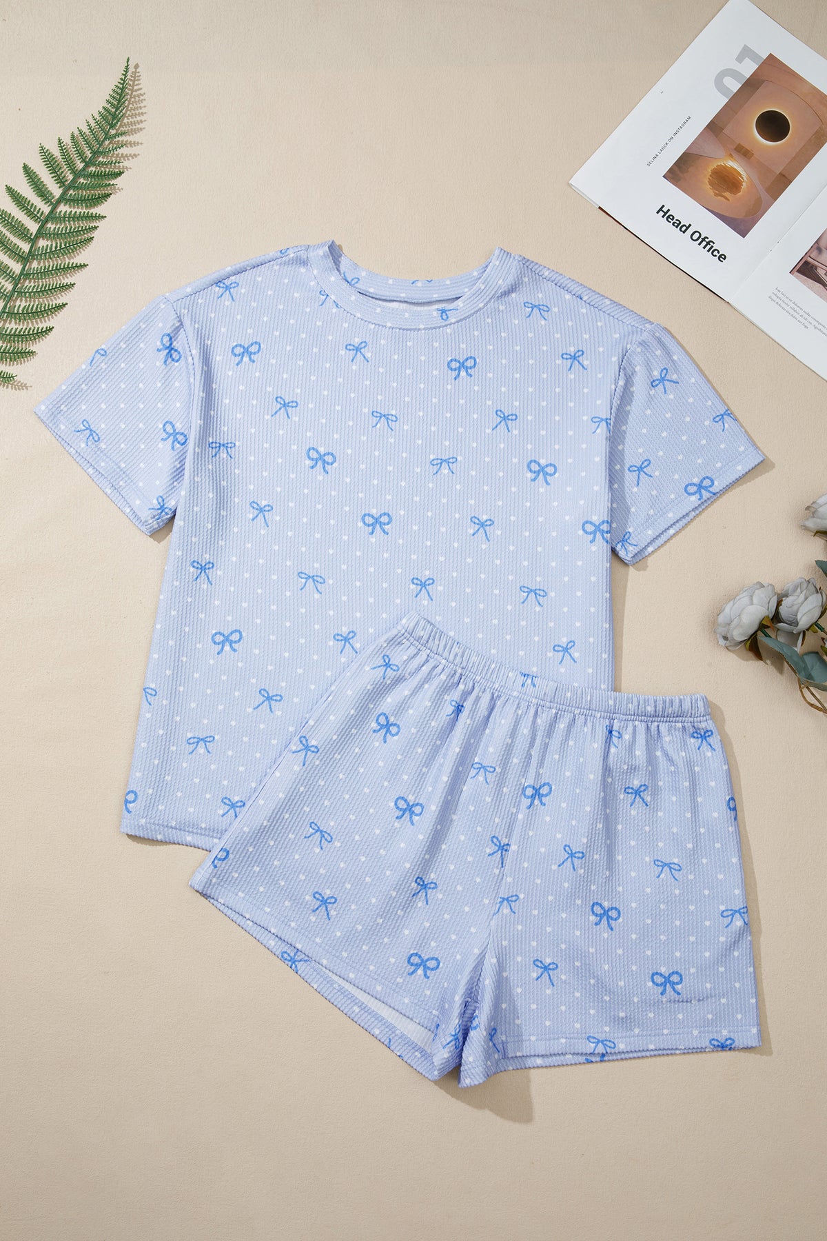 Women's Sky Blue Tiny Heart Bow Print Twisted Rib Two-Piece Shorts Two-Piece Set