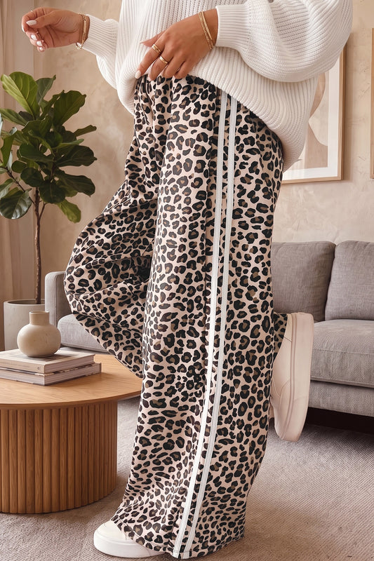 Beige Plus Size Leopard Print Side Stripes Detail Pants