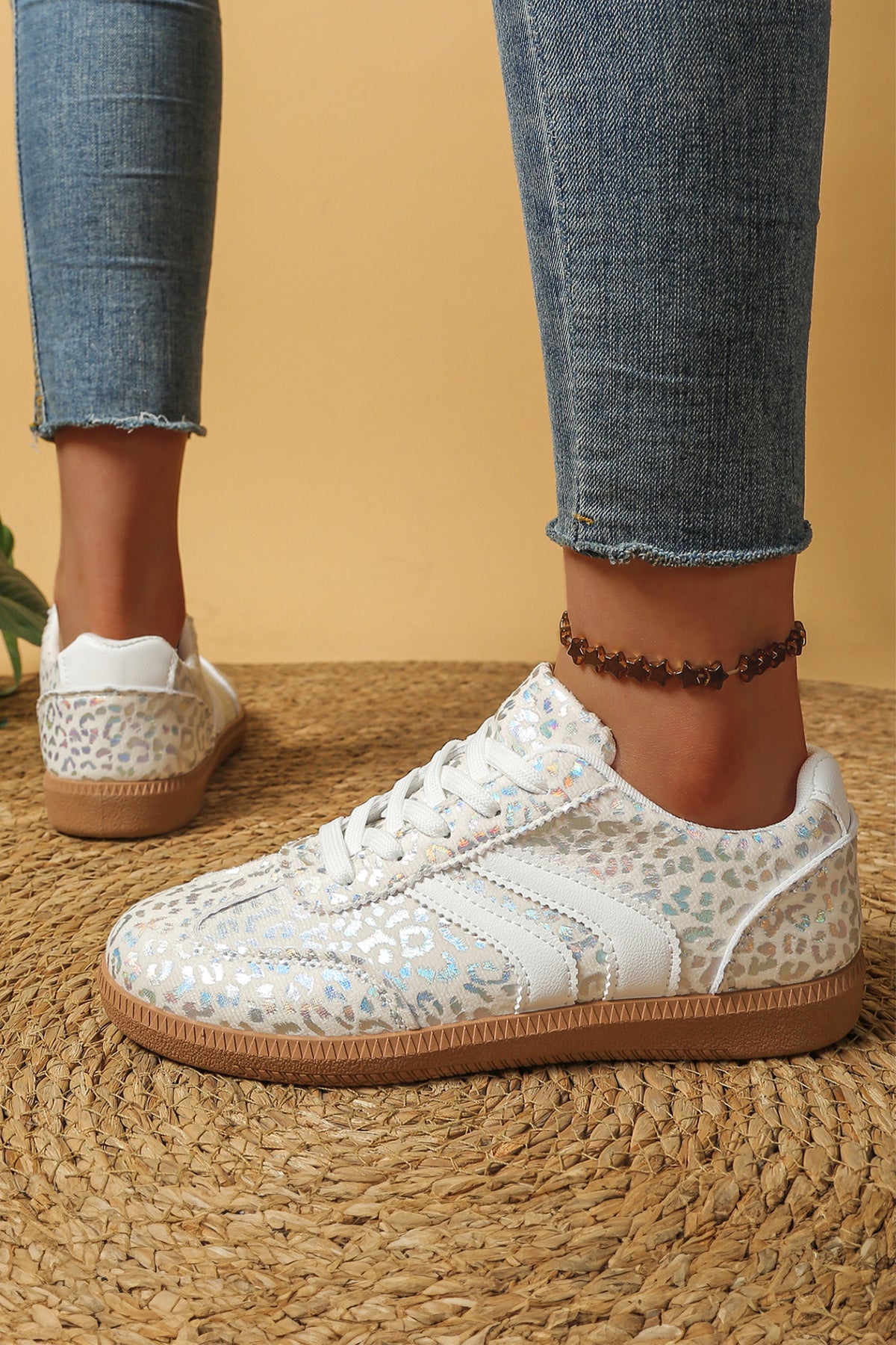 White PU Leather Shimmer Leopard Printed Lace-up Sneakers