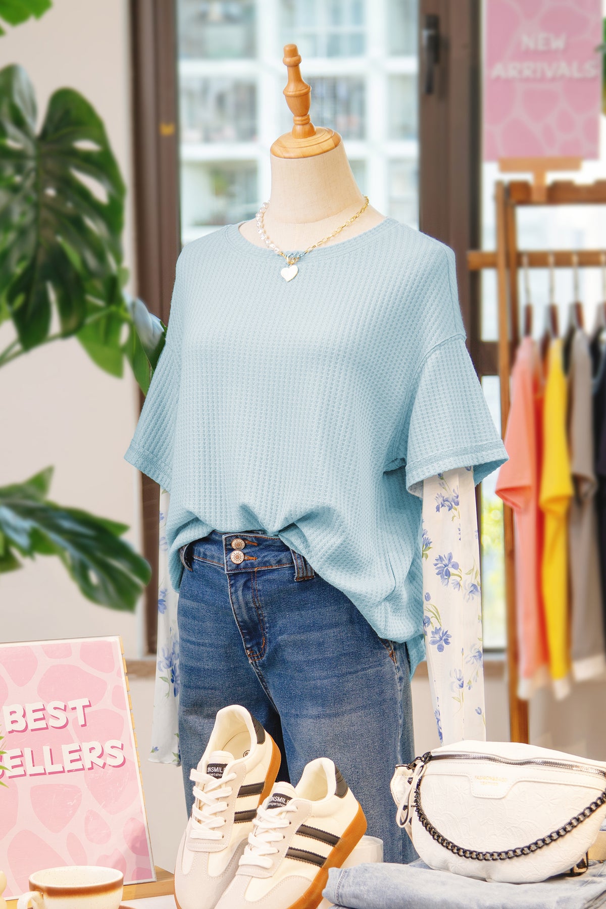 Beau Blue Floral Lace Sleeve Patchwork Waffle Faux Layered Top