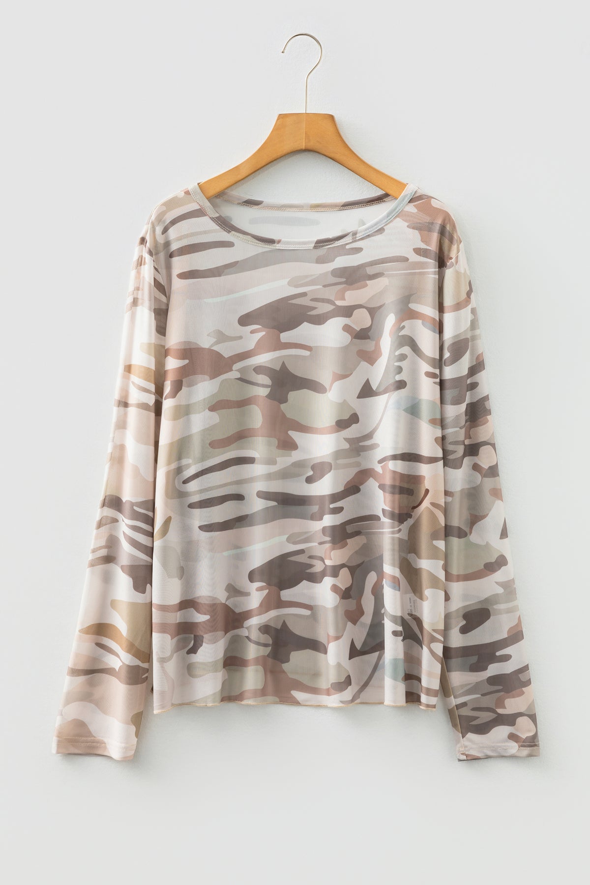 Green Plus Size Western Camo Print Mesh Long-Sleeve Top