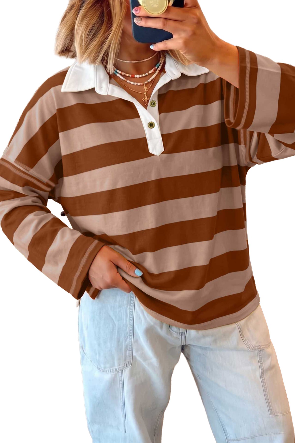 Blue Stripe Contrast Polo Collar Bracelet Sleeve Top